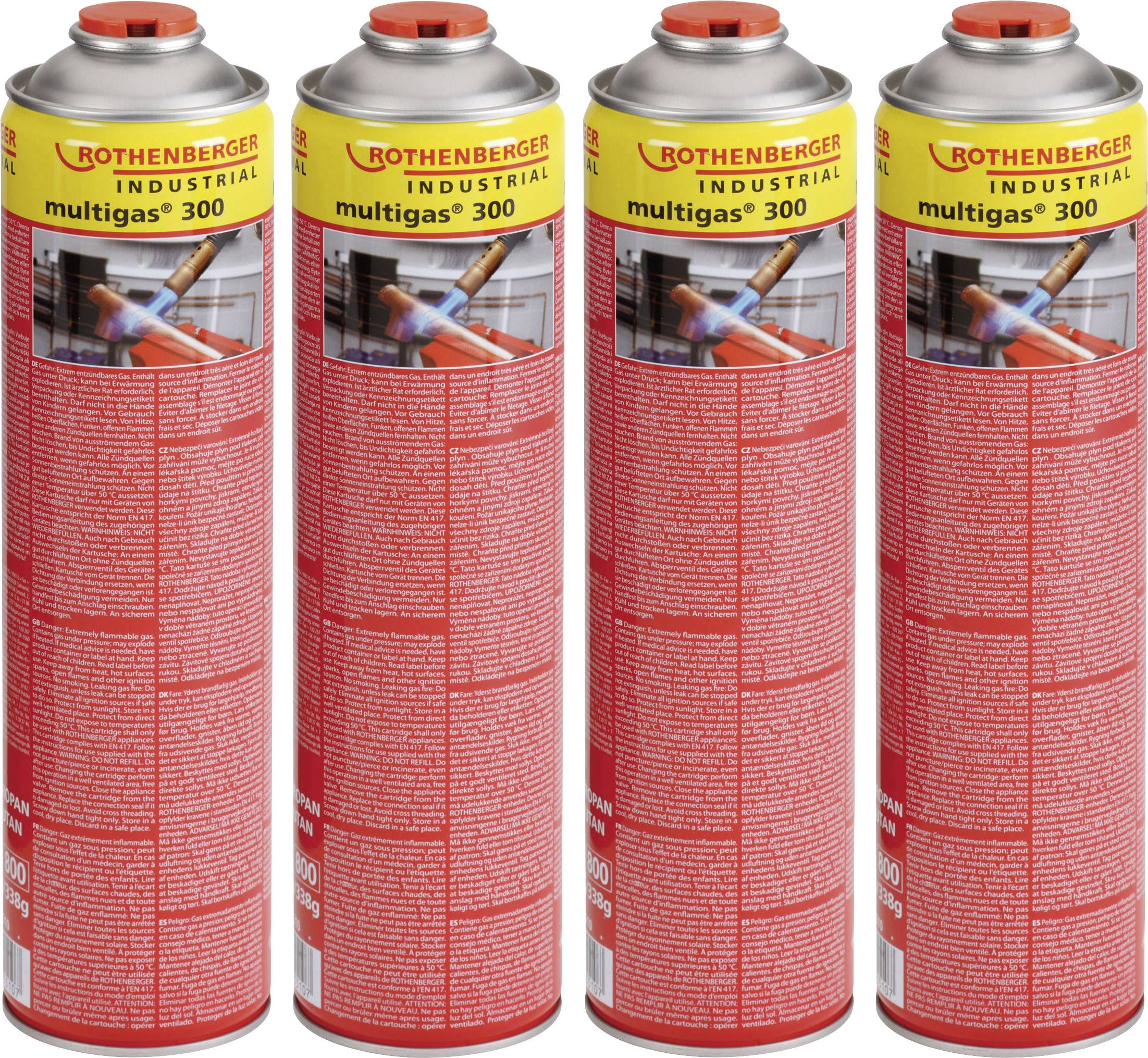 Quatre bouteilles de gaz rouges portant l'inscription 'ROTHENBERGER INDUSTRIAL multigas 300', adaptées aux applications industrielles.