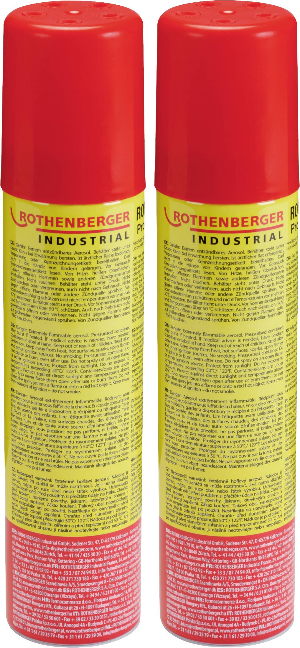Deux bombes aérosol rouges de 'Rothenberger Industrial' sont côte à côte. Les étiquettes contiennent des instructions et des informations de sécurité.