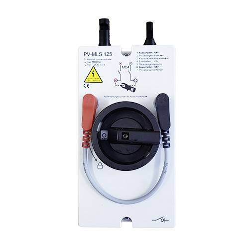 Un sectionneur de charge PV avec des bornes de connexion rouges et noires. Étiqueté 'PV-MLS 125' et portant un pictogramme d'avertissement de danger électrique.