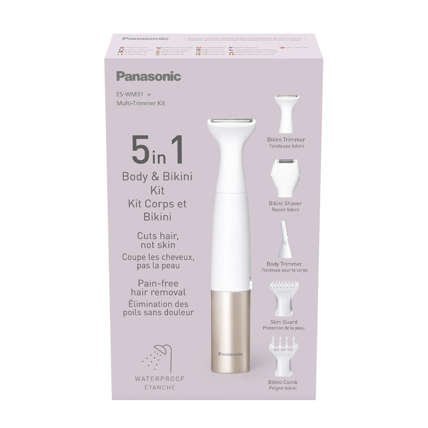 Un tondeuse pour le corps et le bikini 2 en 1 blanc et doré de Panasonic, étanche, est vendu comme un moyen d'épilation sans douleur.
