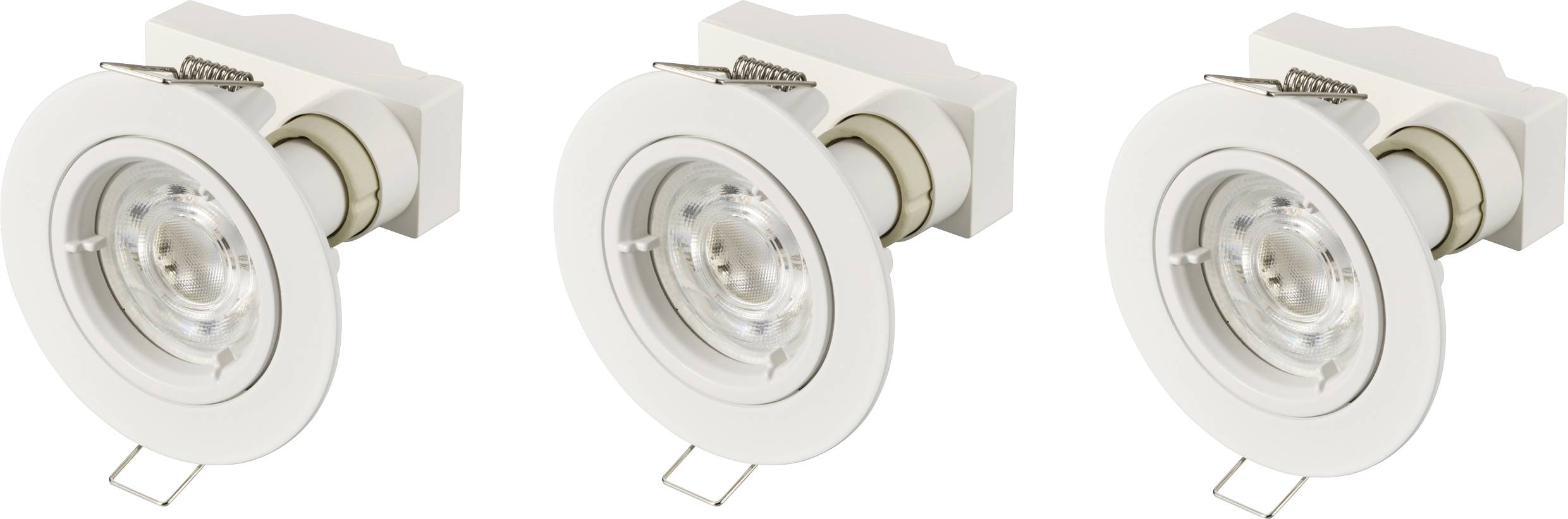 Trois spots encastrables blancs avec des supports orientables, adaptés à l'éclairage intérieur, présentés côte à côte dans une vue diagonale.