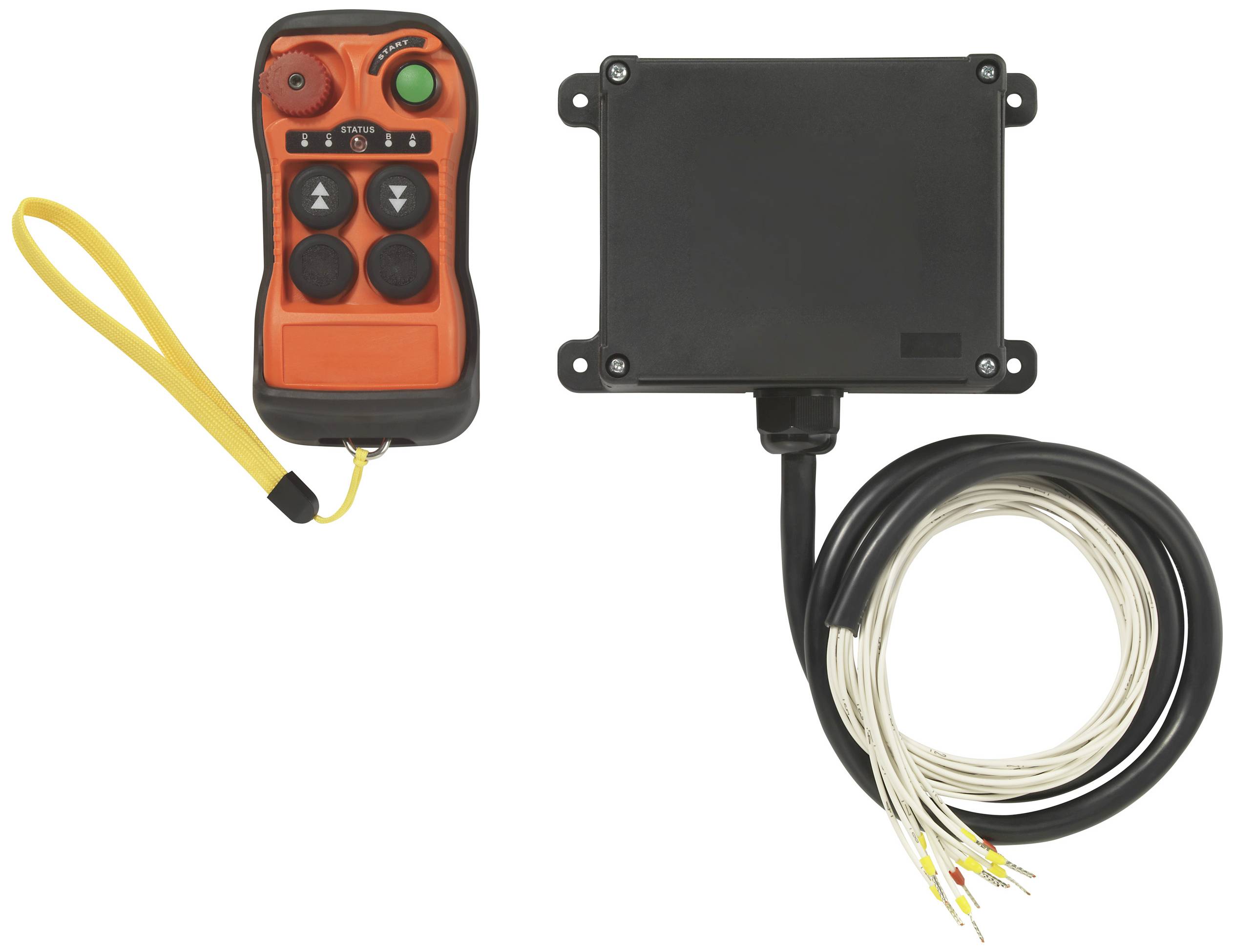 Un émetteur de télécommande orange et noir avec des touches, à côté d'une unité réceptrice noire avec un faisceau de câbles, prêt à être installé dans un système de contrôle.