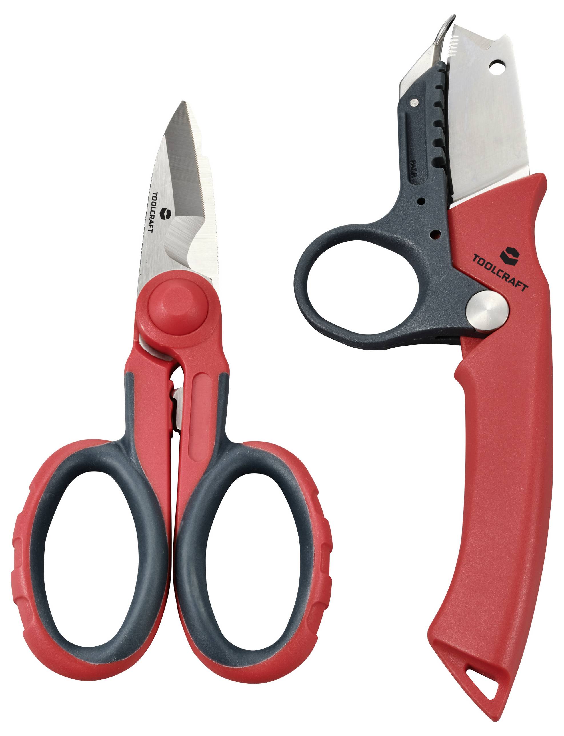 Deux outils : Des ciseaux rouges avec une poignée noire à gauche et un couteau rouge avec une poignée noire à droite.