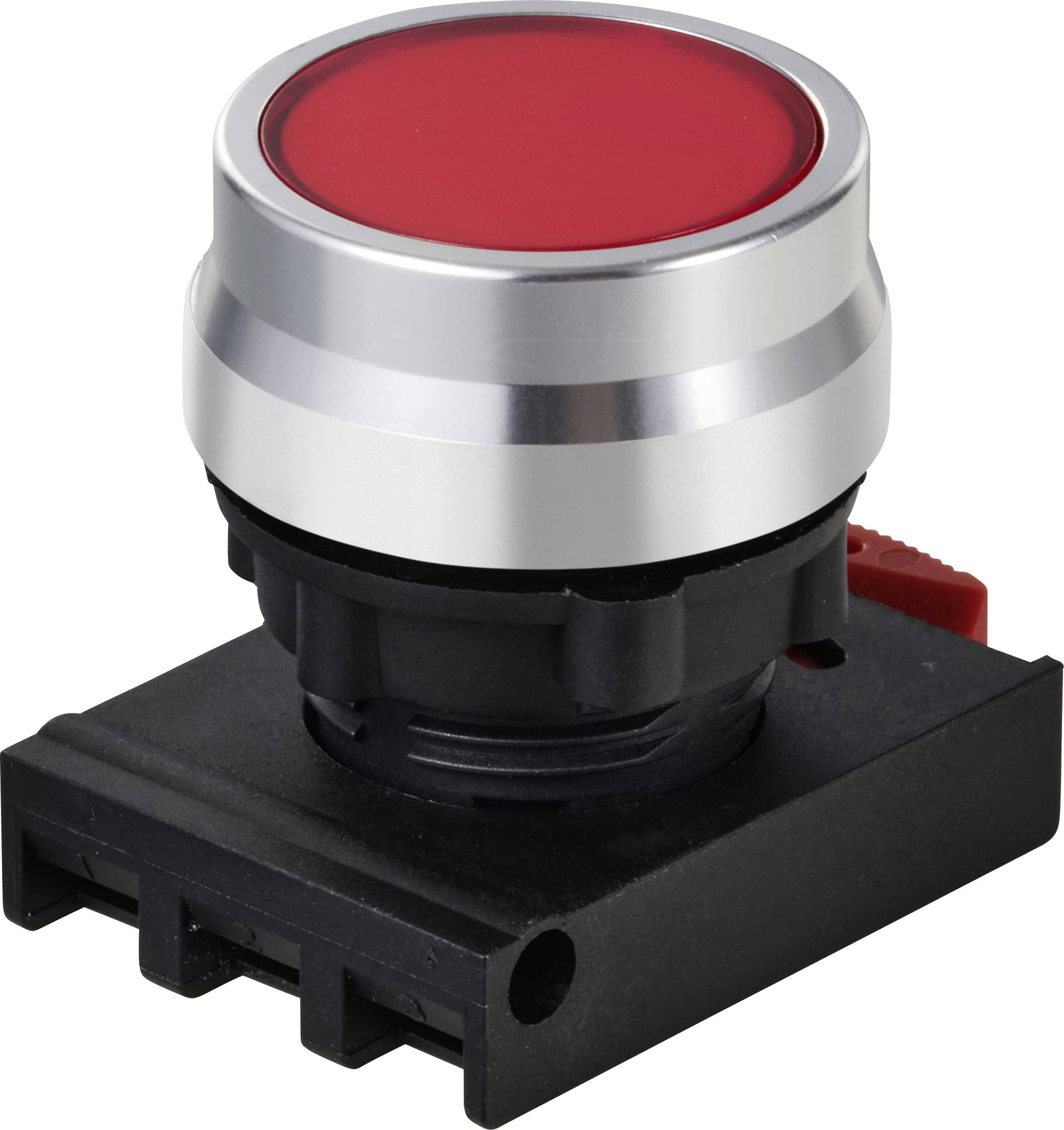 Un grand bouton rond rouge sur un socle noir, probablement un bouton d'arrêt d'urgence utilisé pour la sécurité.