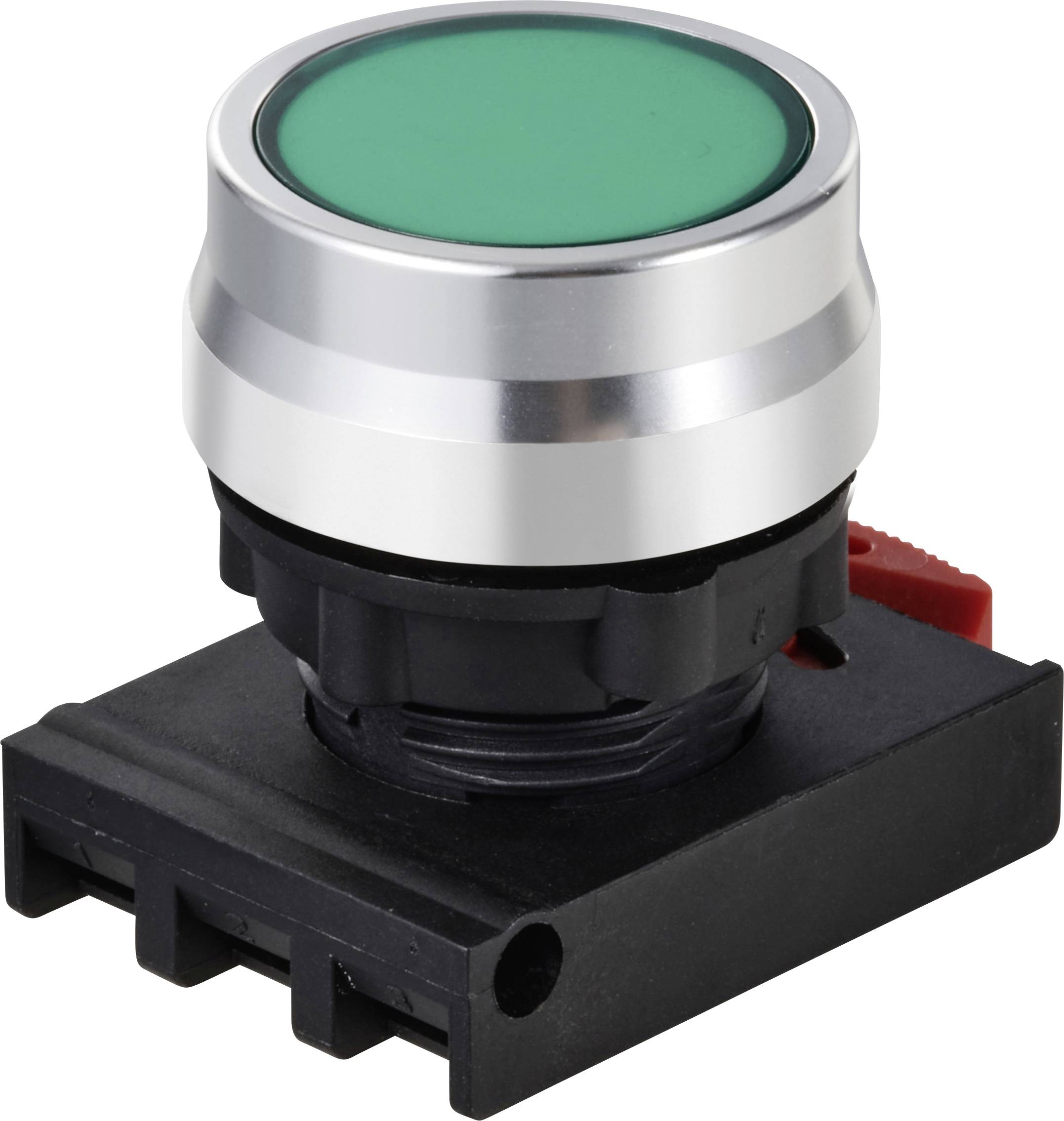 Bouton-poussoir vert dans un boîtier noir, souvent utilisé pour la commande de machines, placé sur un fond blanc.