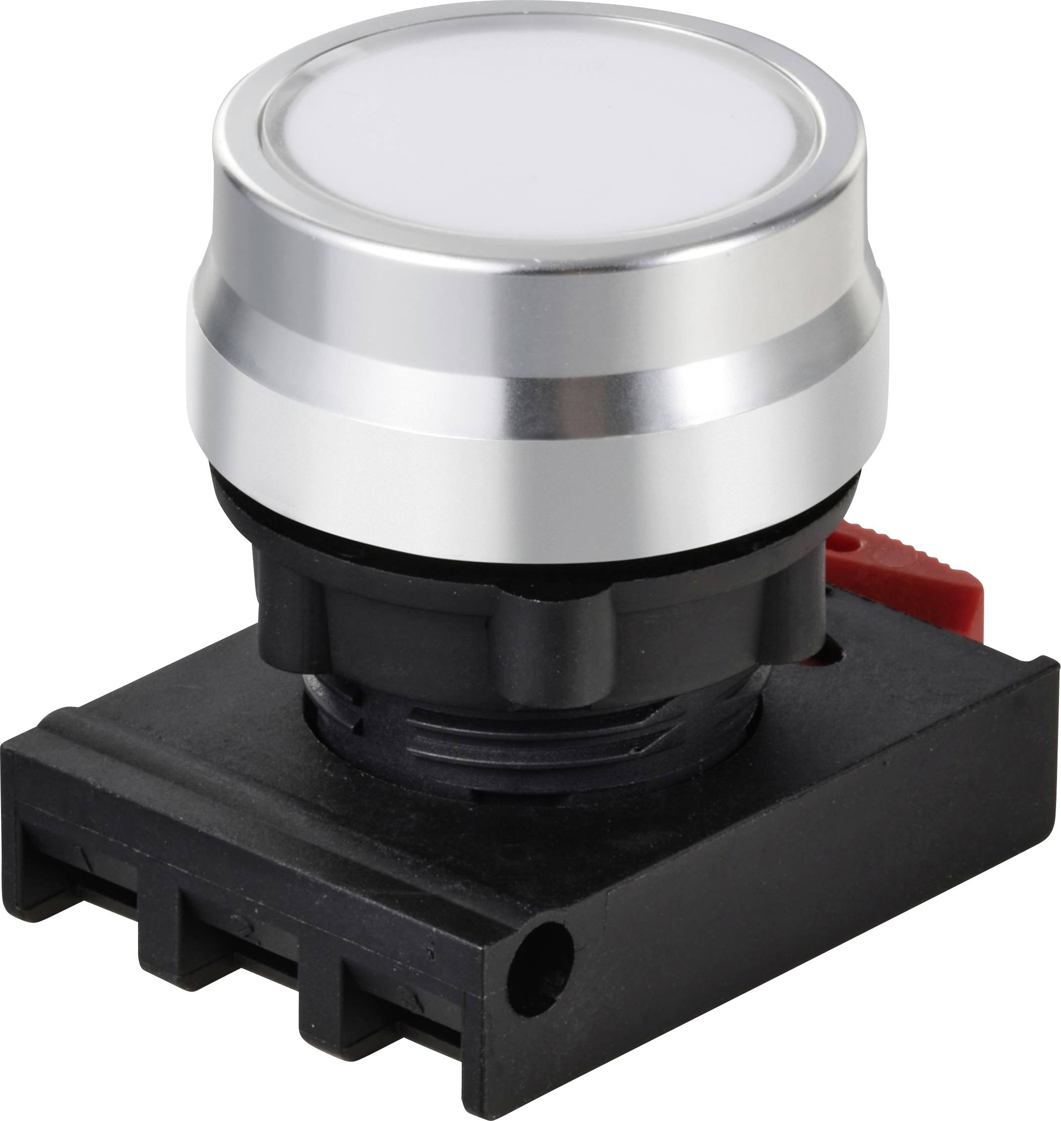 Un bouton-poussoir rond argenté sur un socle noir, adapté aux applications industrielles et aux panneaux de commande.