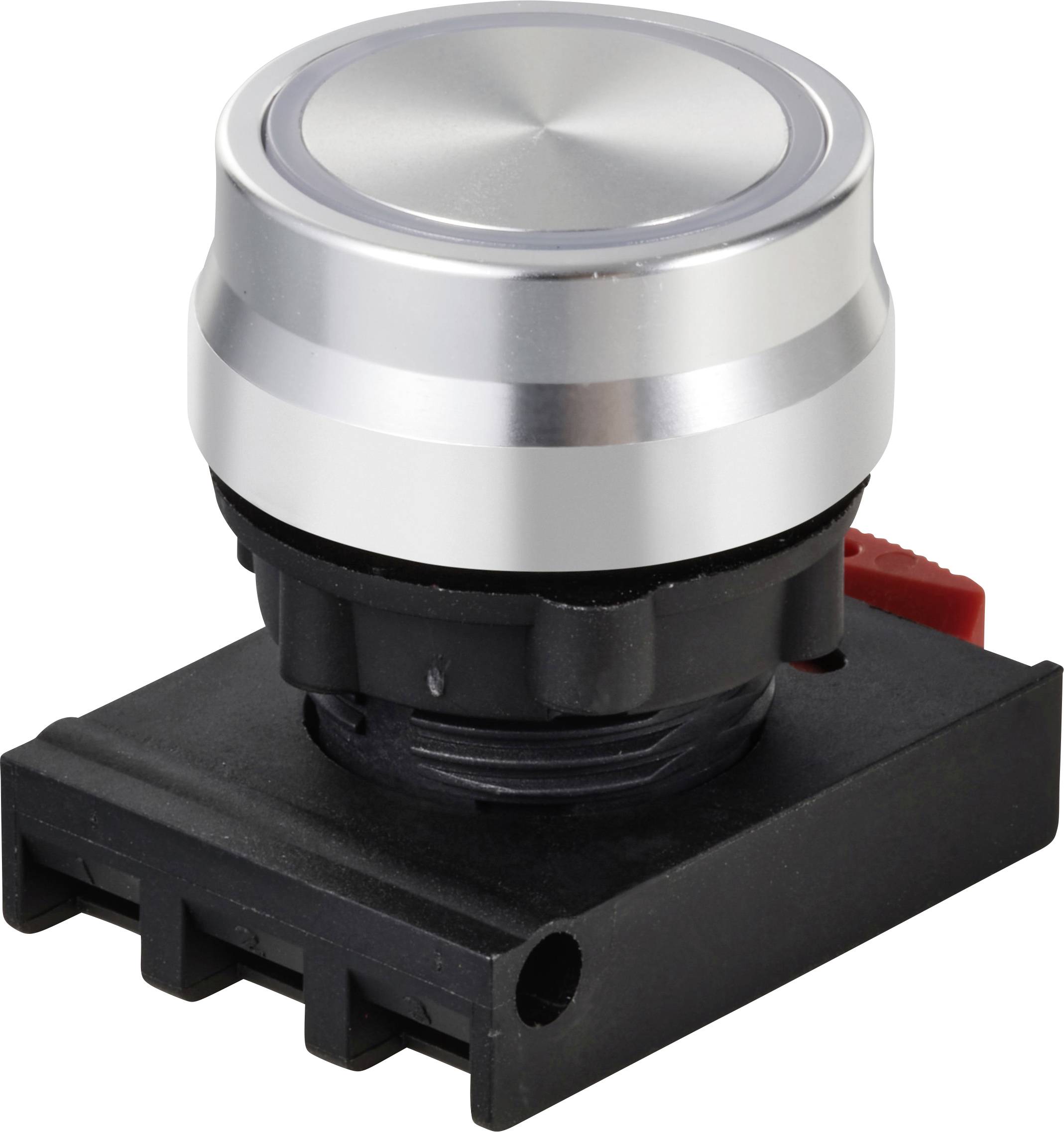 Grand bouton argenté sur boîtier noir avec interrupteur rouge, adapté pour les dispositifs de commande industriels.