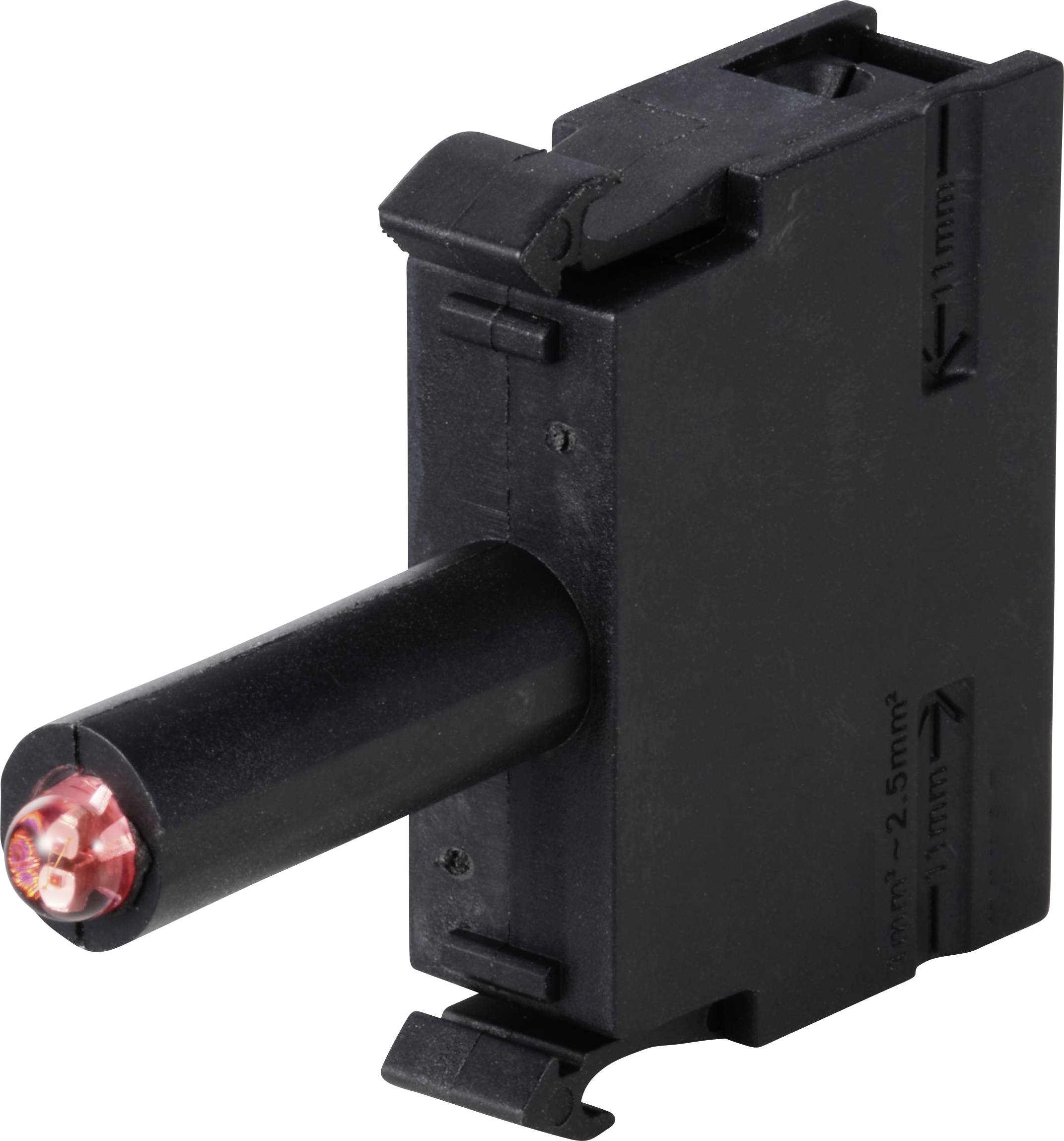 'Interrupteur mécanique noir avec connexion de câble rouge à l'avant. L'interrupteur a une forme rectangulaire avec des possibilités de montage.'