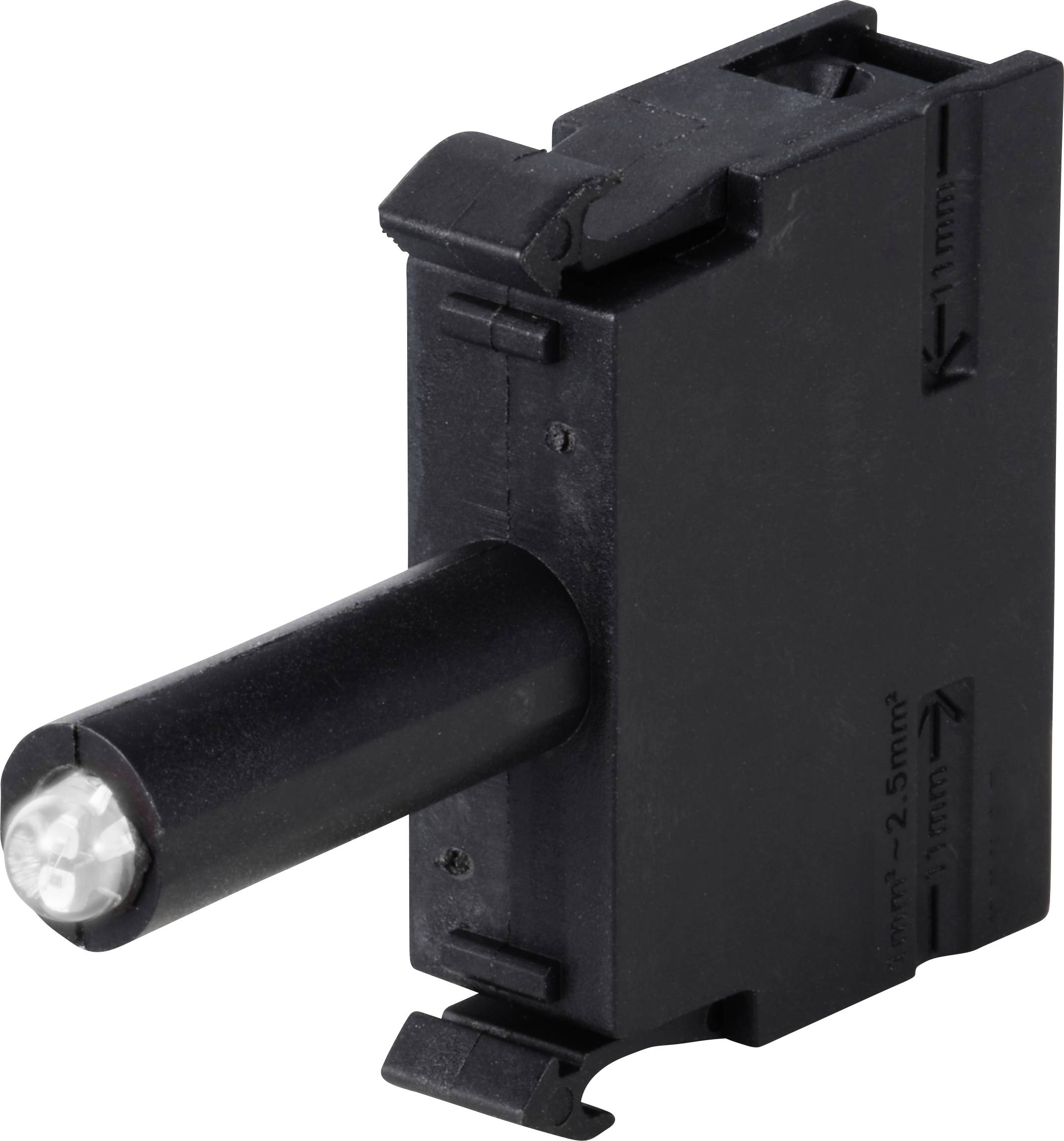 Un interrupteur à bascule noir en plastique, avec un levier, portant une inscription sur le côté, probablement utilisé pour le contrôle électrique.