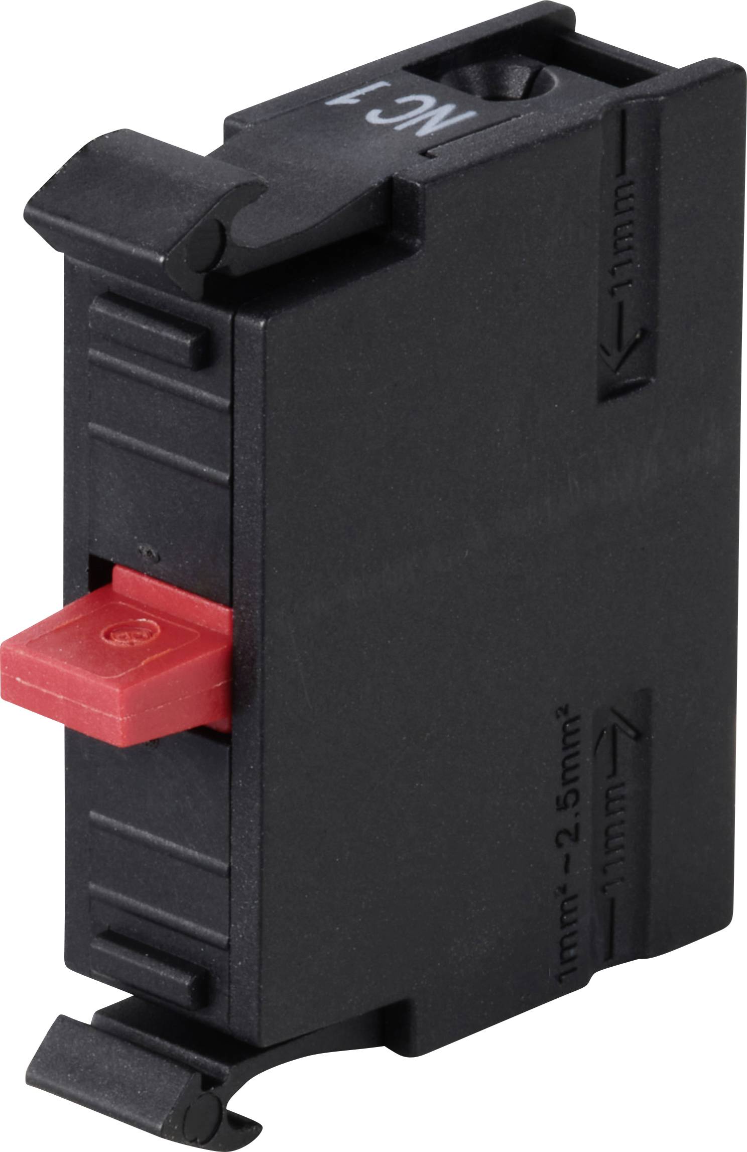 Bloc de commutation électrique noir avec actionnneur rouge, portant l'inscription 'NC1'. Adapté pour des conducteurs de 1 à 2,5 mm².