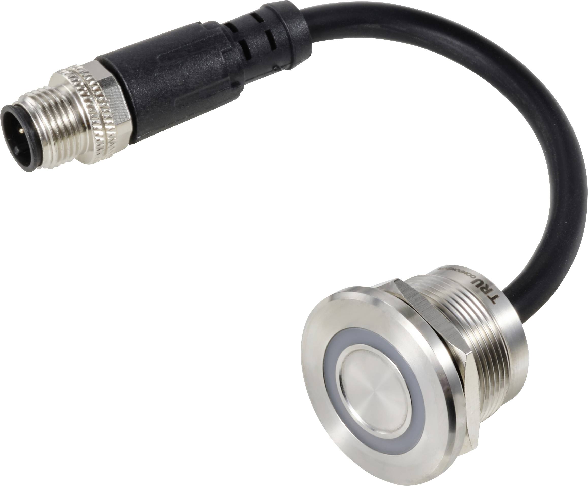 Un interrupteur à bouton-poussoir rond en métal avec un câble noir et un connecteur. Idéal pour les applications industrielles.