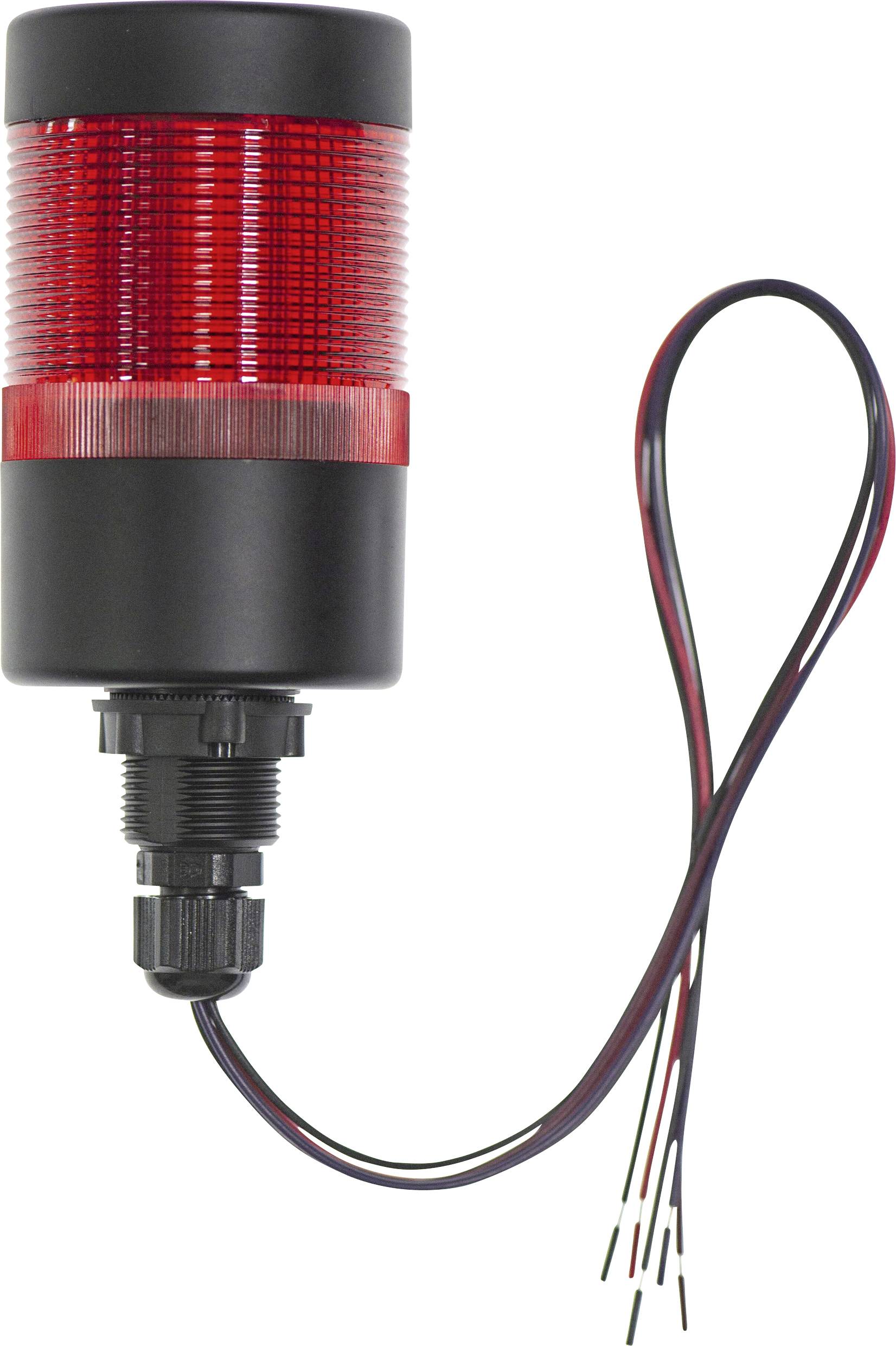Signal lumineux circulaire rouge avec boîtier noir et câbles pour montage. Souvent utilisé comme avertissement ou signal d'alarme.