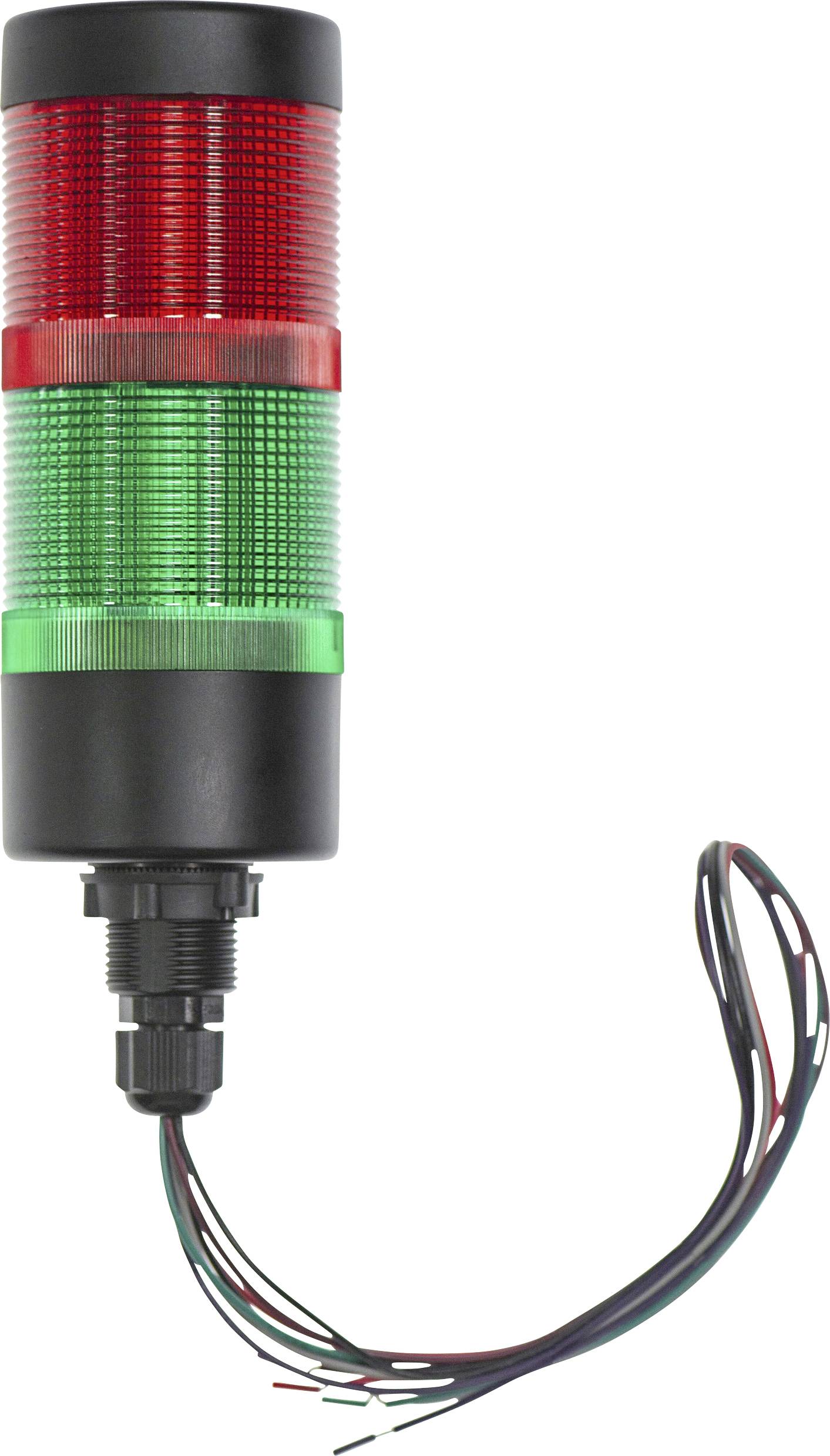 Signalisation lumineuse avec des LED rouge et vert à rayures verticales ; indique des états de fonctionnement ou d'avertissement, extrémité de câble connectée.