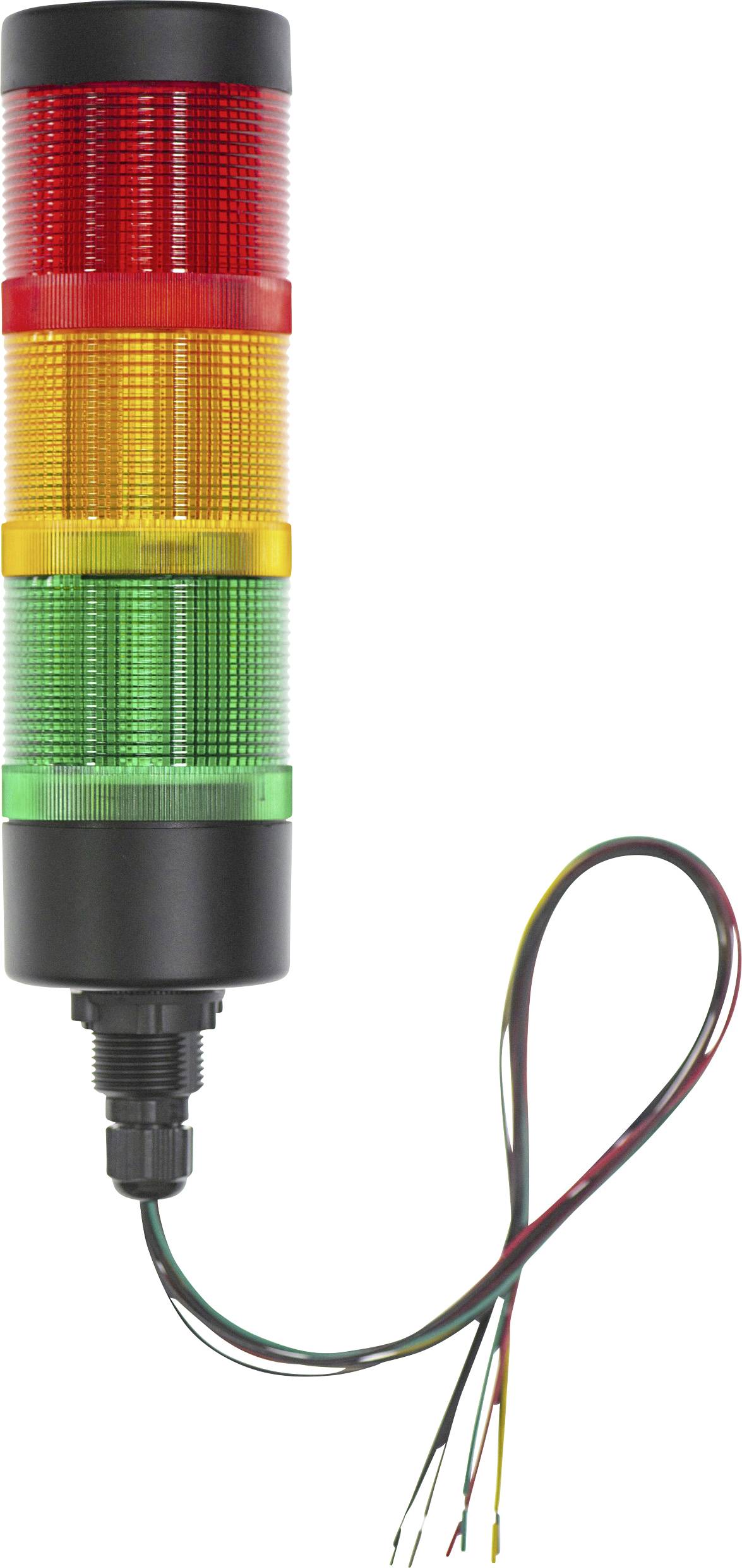 Voyant de signalisation à trois couleurs : rouge, jaune, vert. Généralement utilisé pour indiquer l'état d'une machine ou émettre des avertissements. Câbles installés en bas.