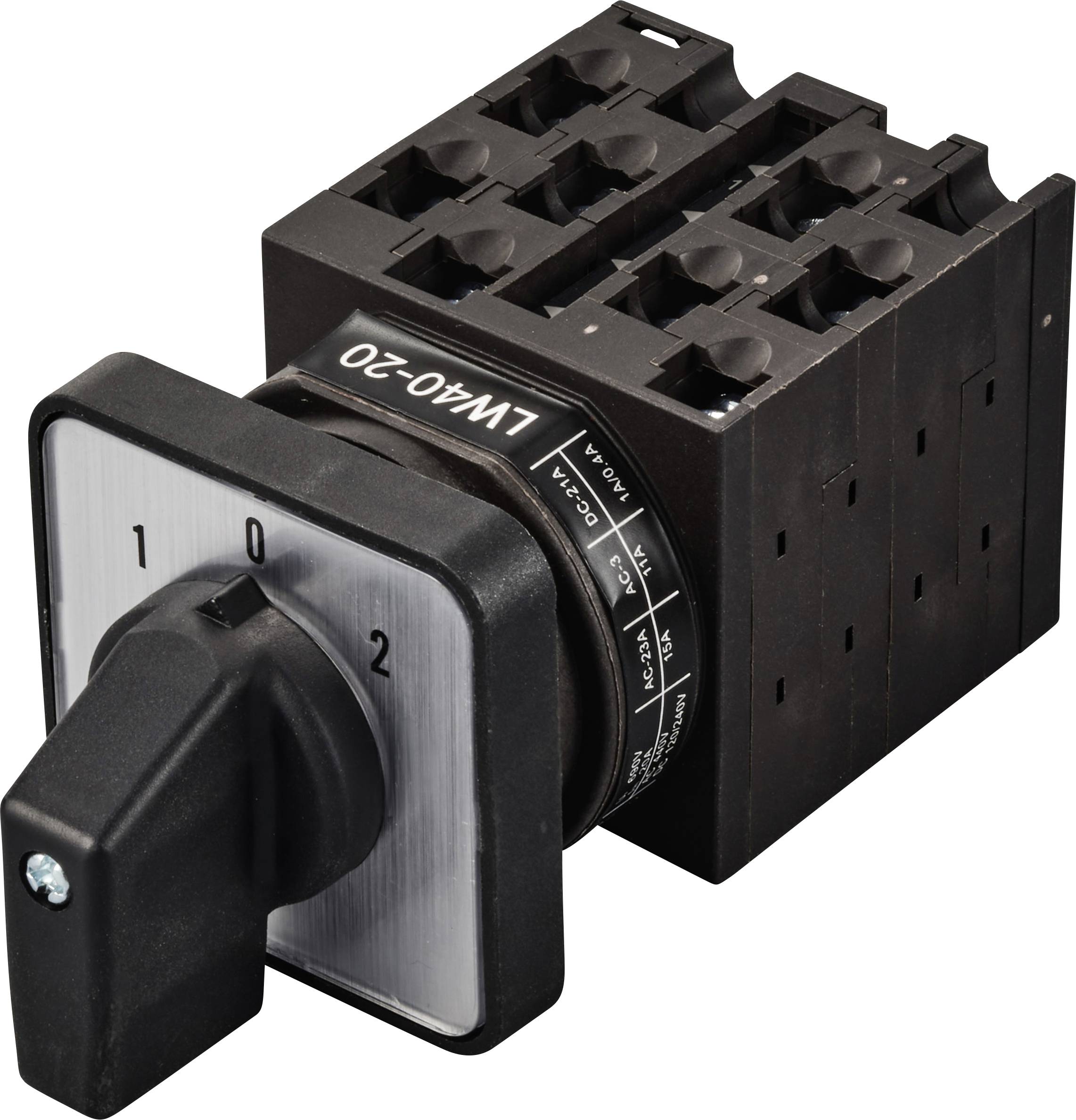 Commutateur noir avec façade avant argentée, numéroté de 0 à 2. Utilisé pour les commandes et circuits électriques.