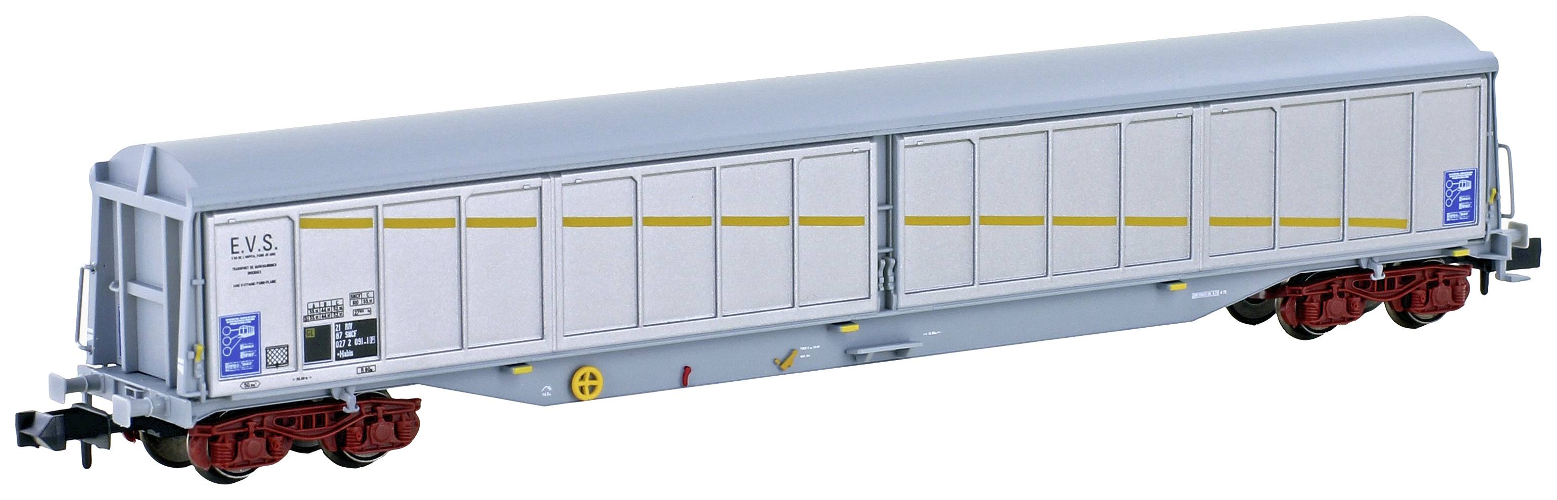 Modèle de wagon de marchandises en peinture grise et rouge avec une ligne jaune, vue latérale.