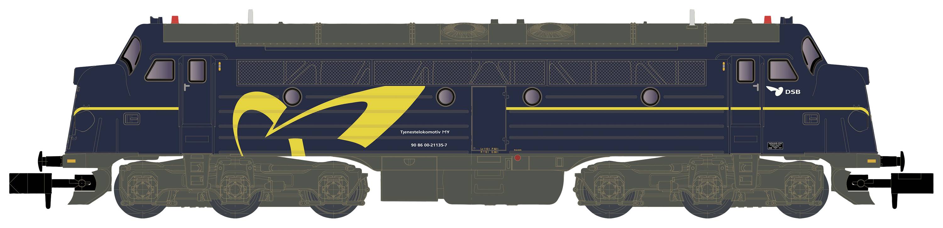 Un train bleu avec des motifs et des détails jaunes sur le côté. Le train est représenté de profil.