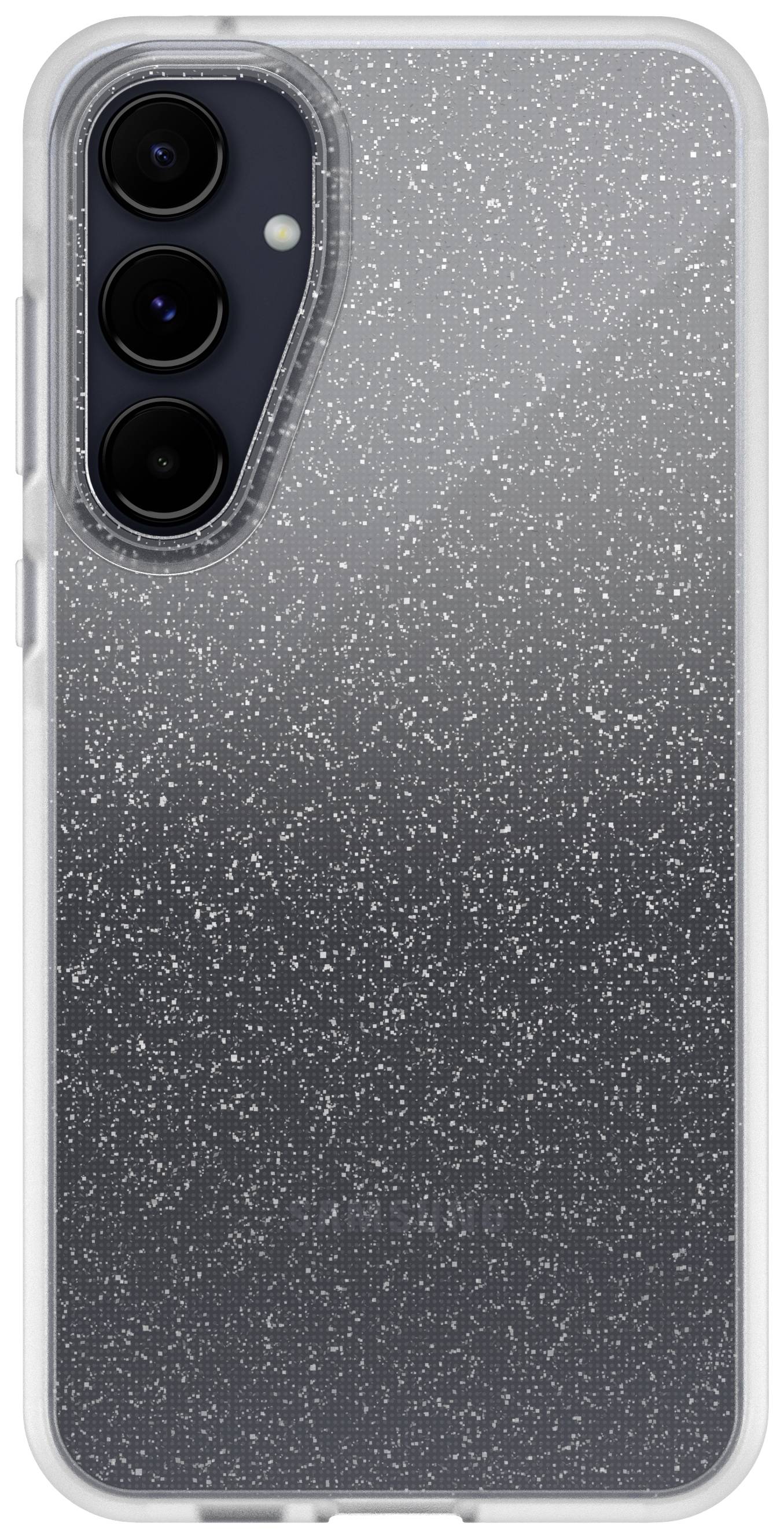 Un smartphone équipé d'une coque de protection transparente et scintillante. La caractéristique principale est le design étincelant de la coque.