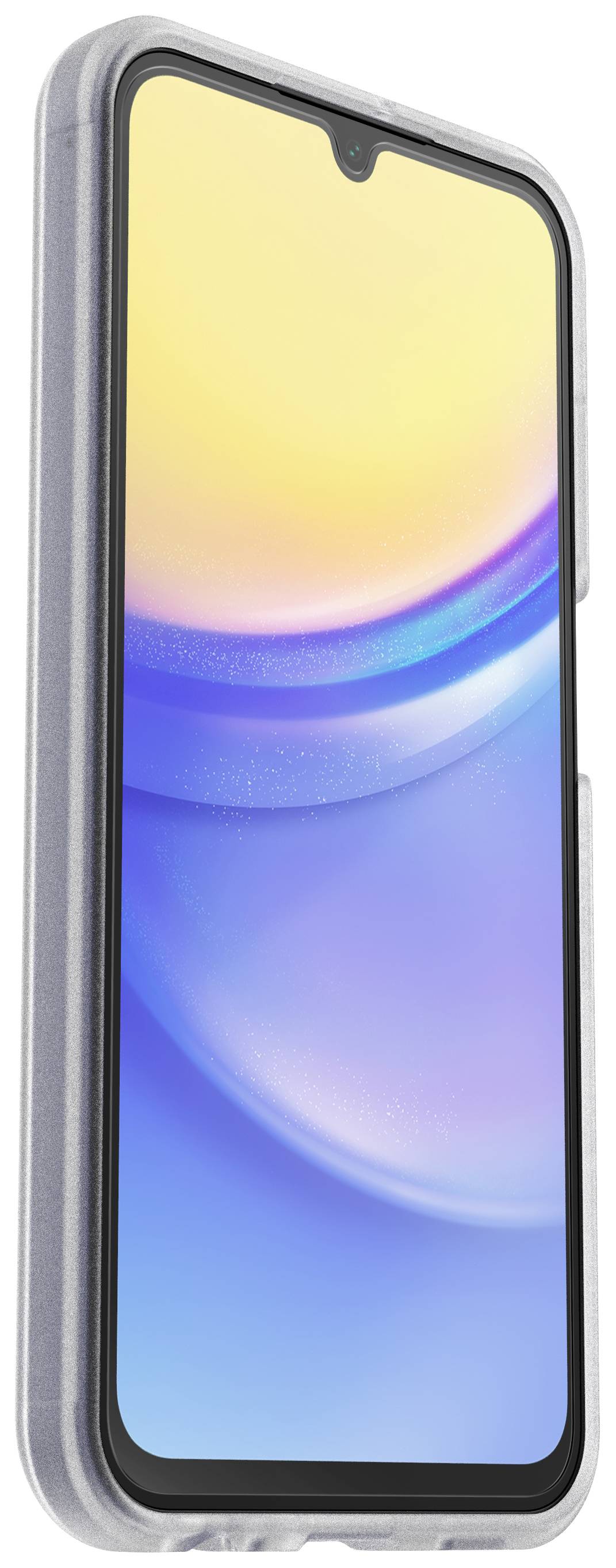 Smartphone avec étui, vue sur l'écran. L'écran ne montre aucun contenu, mais l'étui transparent offre une protection.