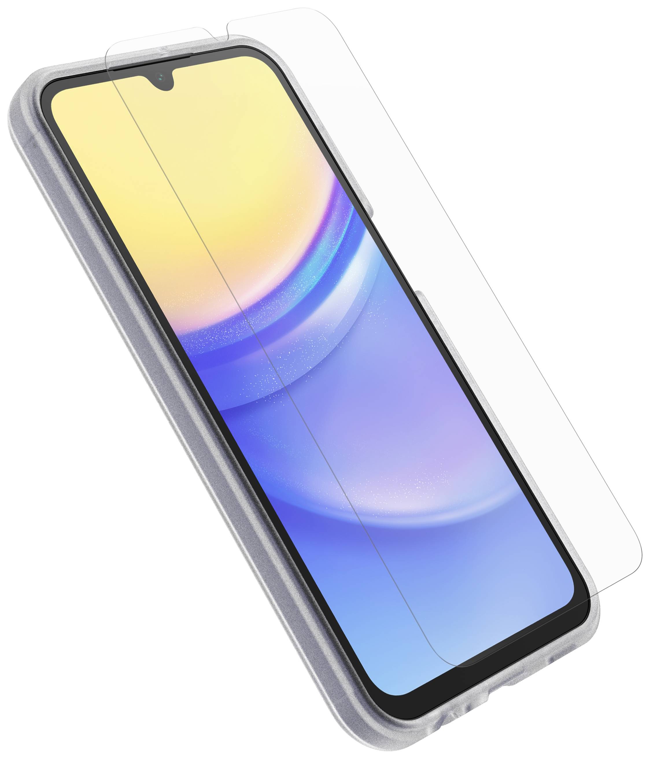 Smartphone avec un graphisme d'écran bleu et jaune, posé légèrement incliné. Une protection d'écran supplémentaire est visible.