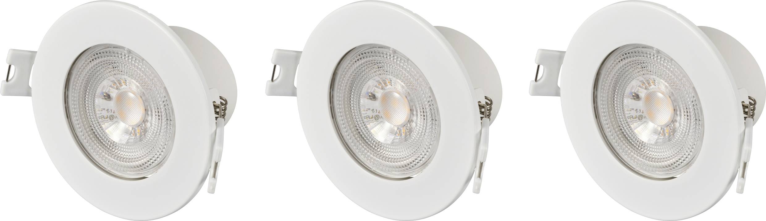 Trois spots encastrés blancs alignés, design circulaire avec partie centrale transparente, adaptés à l'éclairage intérieur.