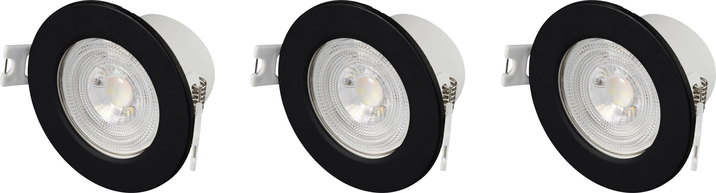 Trois luminaires encastrés ronds avec bordure noire et éclairage LED, disposés côte à côte.