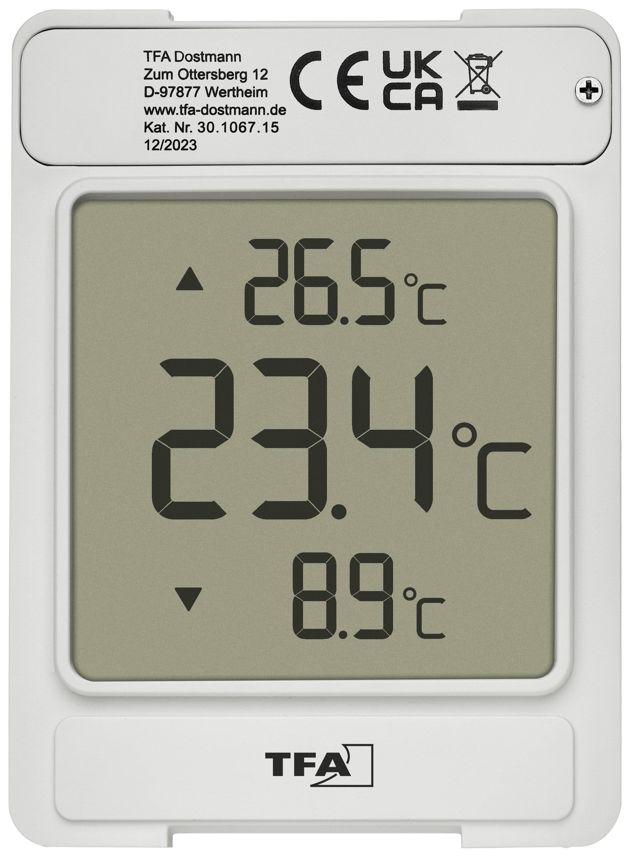 Thermomètre numérique avec trois affichages : '26,5°C', '23,4°C', '8,9°C'. Affichage supérieur intérieur, affichage central réel, affichage inférieur extérieur.