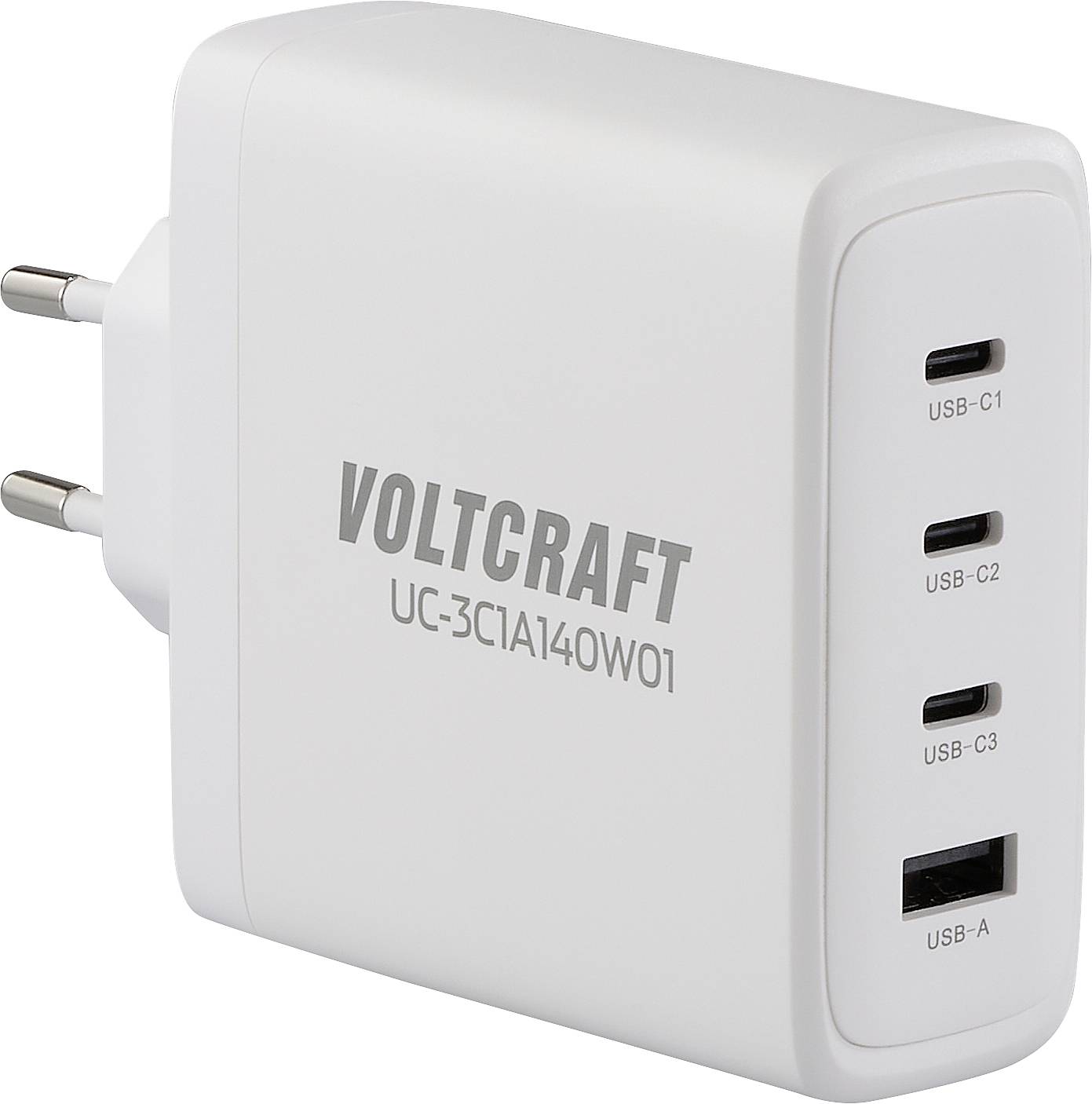 Un chargeur blanc avec quatre ports USB, trois USB-C et un USB-A. Inscription 'VOLTCRAFT UC-3C1A140W01'.