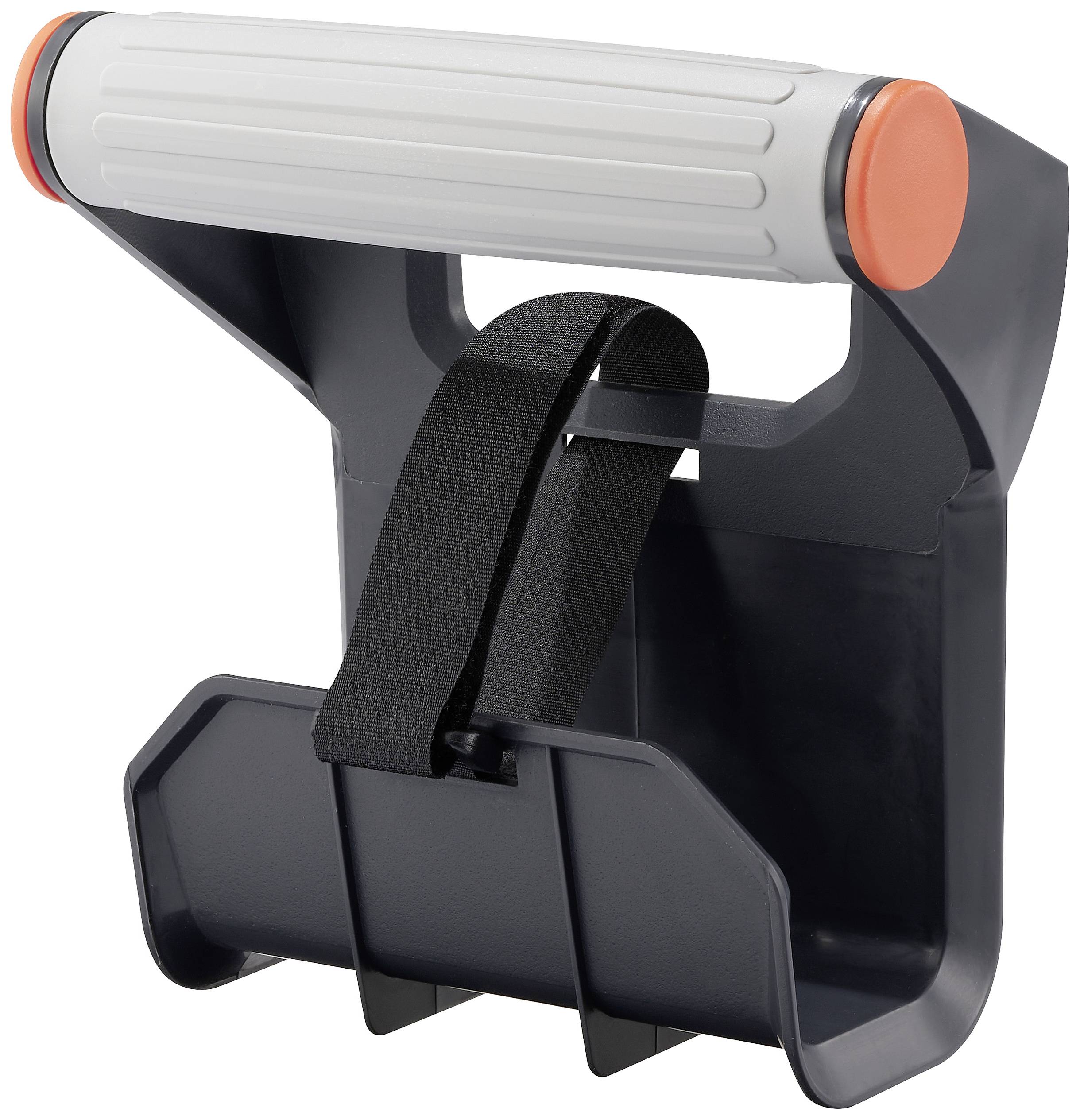 Support gris avec poignée ergonomique et sangle noire pour fixation, adapté aux besoins de transport domestique.