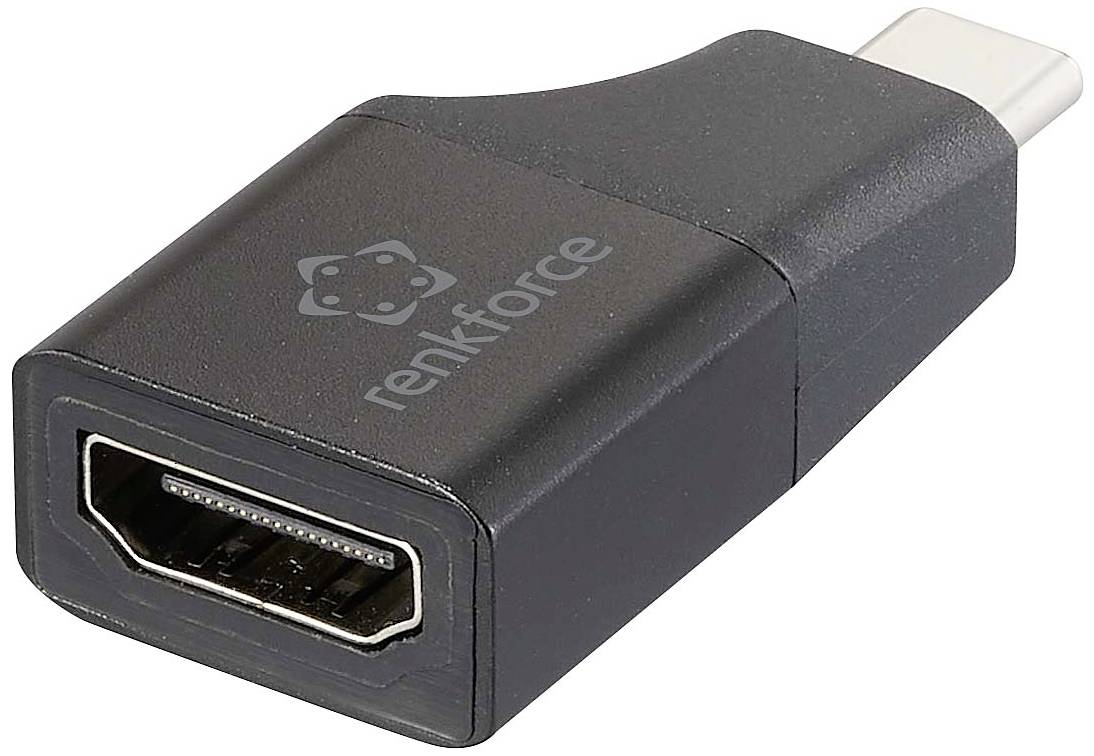 Adaptateur noir HDMI vers USB-C avec logo 'renkforce', permettant de connecter des appareils HDMI à des appareils compatibles USB-C.