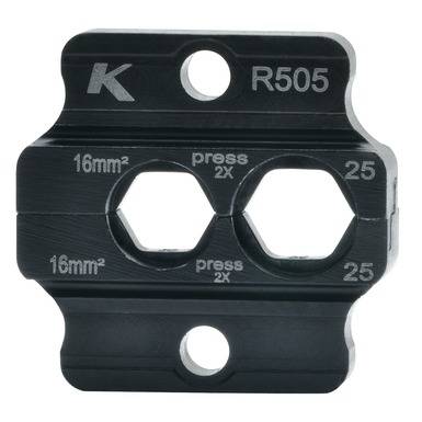 A metal tool marked with '16mm² press 2x 25', featuring hexagonal holes and labeled 'K R505', used for crimping or pressing.