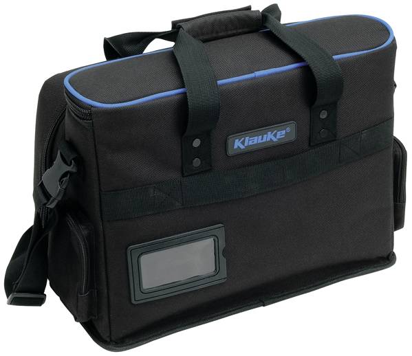 Sac à outils noir avec des accents bleus, muni de deux poignées de transport et d'une bandoulière, de forme rectangulaire avec le logo Klauke au centre.