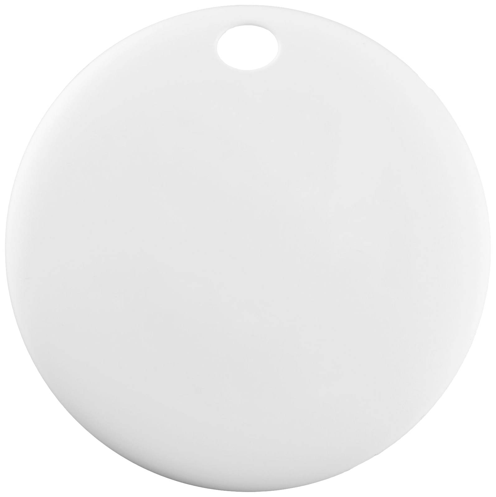 Un disque rond blanc avec un trou en haut ; possiblement un porte-clés ou un pendentif.