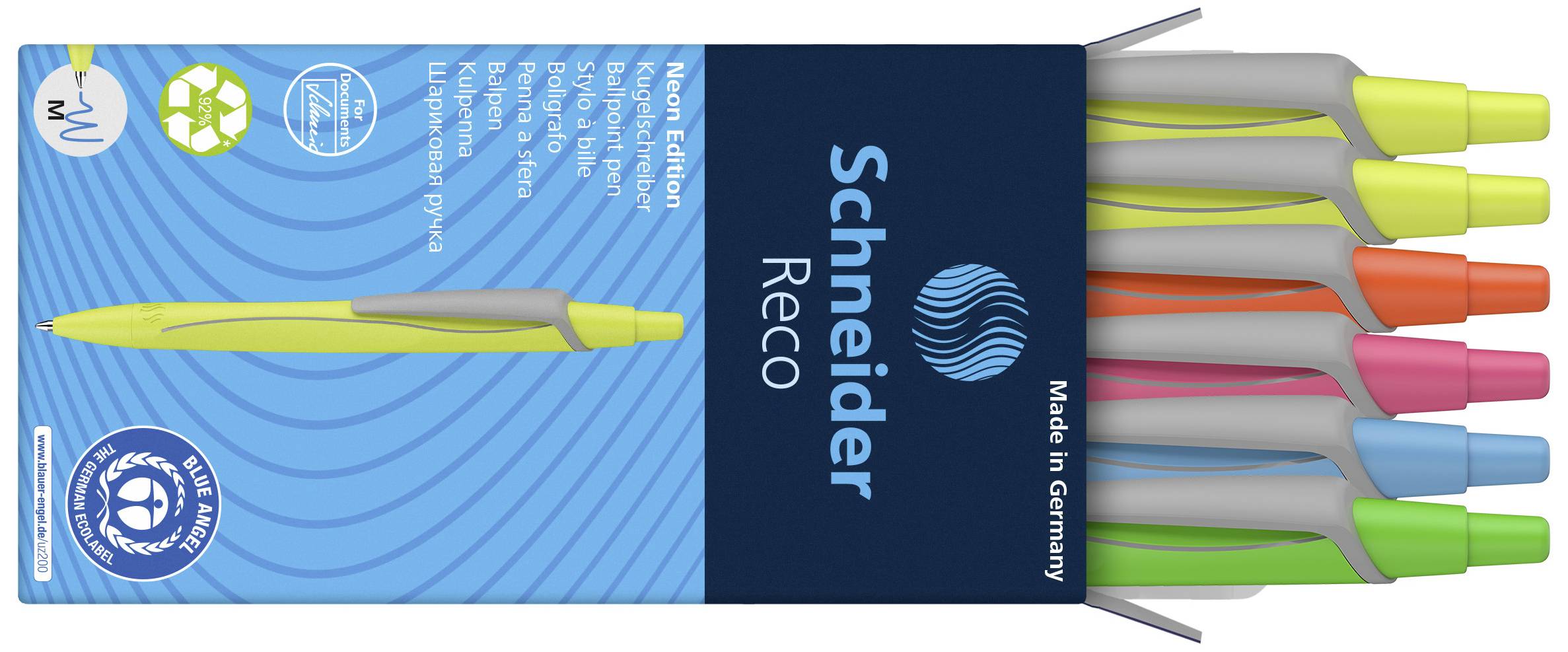 Emballage de stylos à bille Schneider Reco en couleurs néon : vert, orange, rose, bleu, jaune. 'Made in Germany' est imprimé.