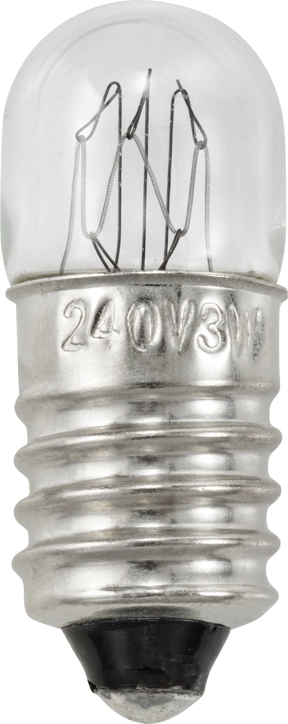 Une ampoule avec un culot à vis argenté et un boîtier en verre sur lequel est gravé '240V 3W' indique la spécification électrique.