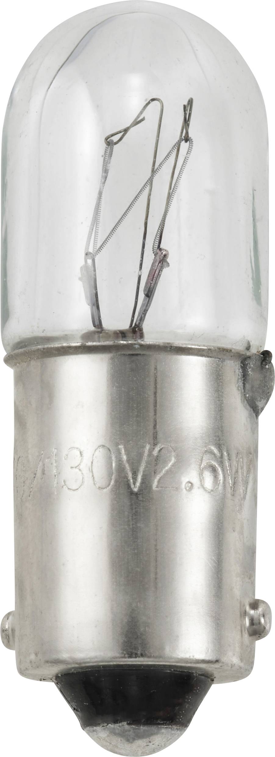 Une ampoule à filament avec une douille métallique et un couvercle en verre transparent. L'inscription indique '130V2.6W', montrant les détails techniques de la lampe.