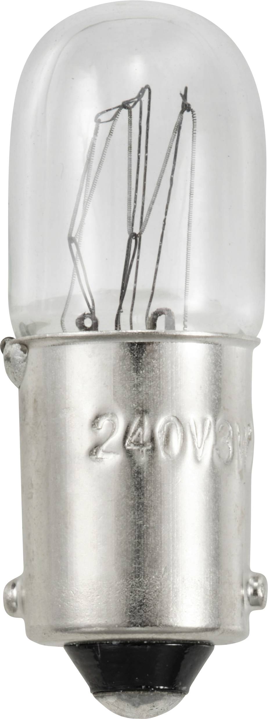 Une ampoule avec une douille métallique et un couvercle en verre. Sur la douille est inscrit « 240V3W ».