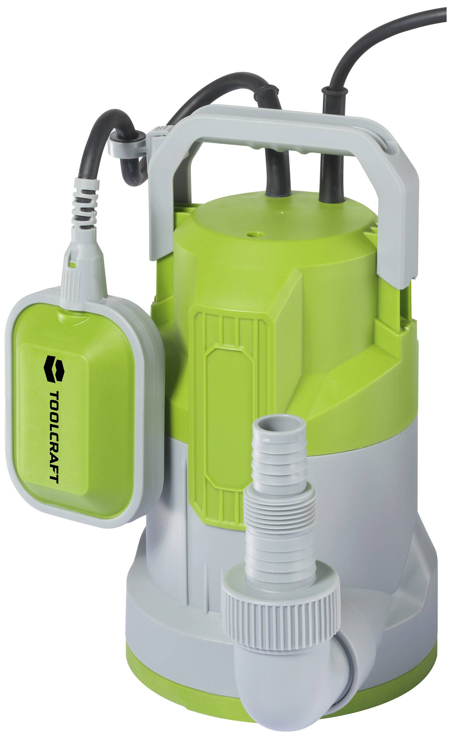 Pompe à eau verte et grise avec boîtier distinctif, câble et raccord de tuyau, adaptée aux applications de transfert d'eau.