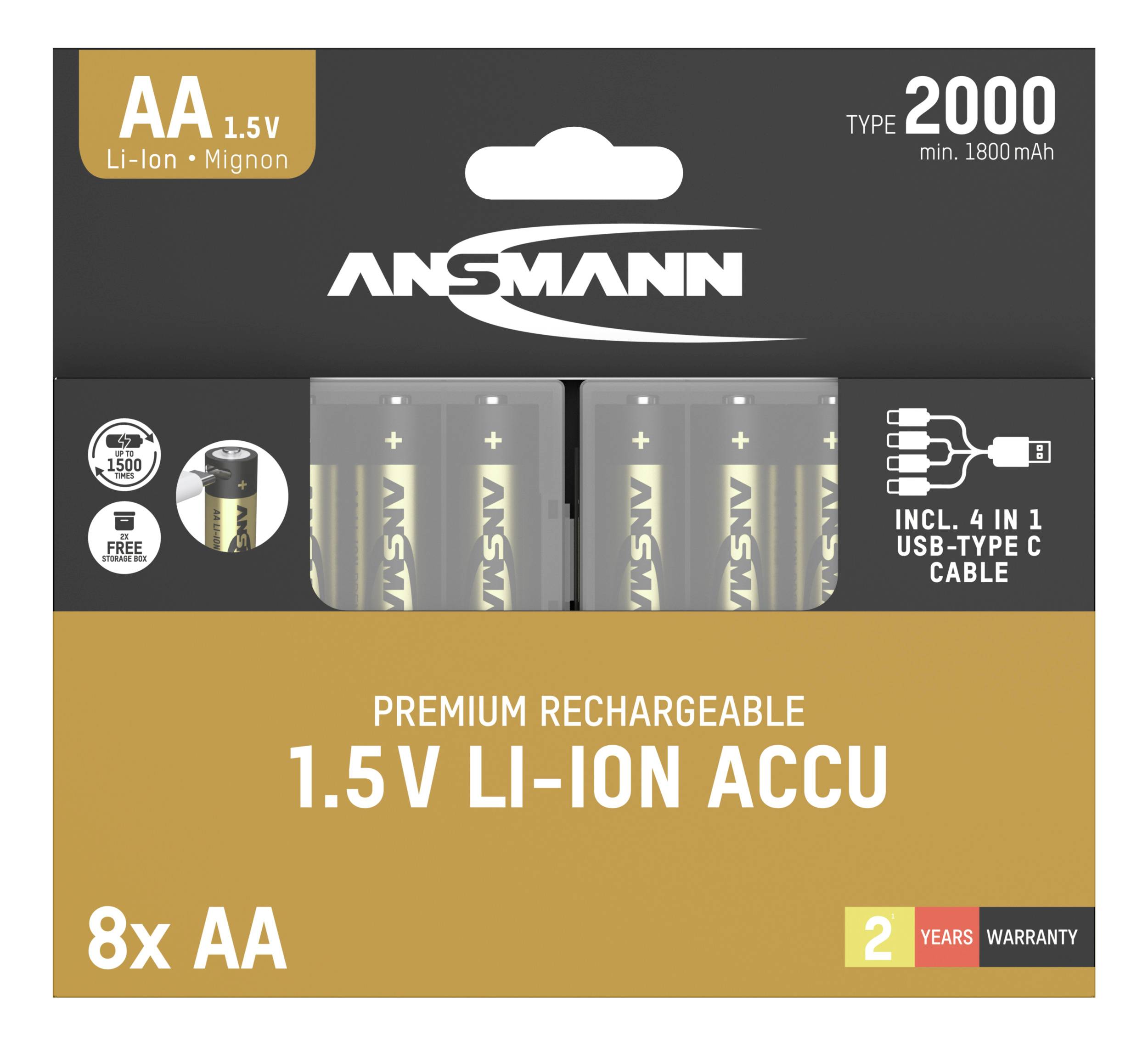 Piles rechargeables premium AA 1,5V Li-Ion, lot de 8, avec câble USB-Type-C 4-en-1, garantie de 2 ans.