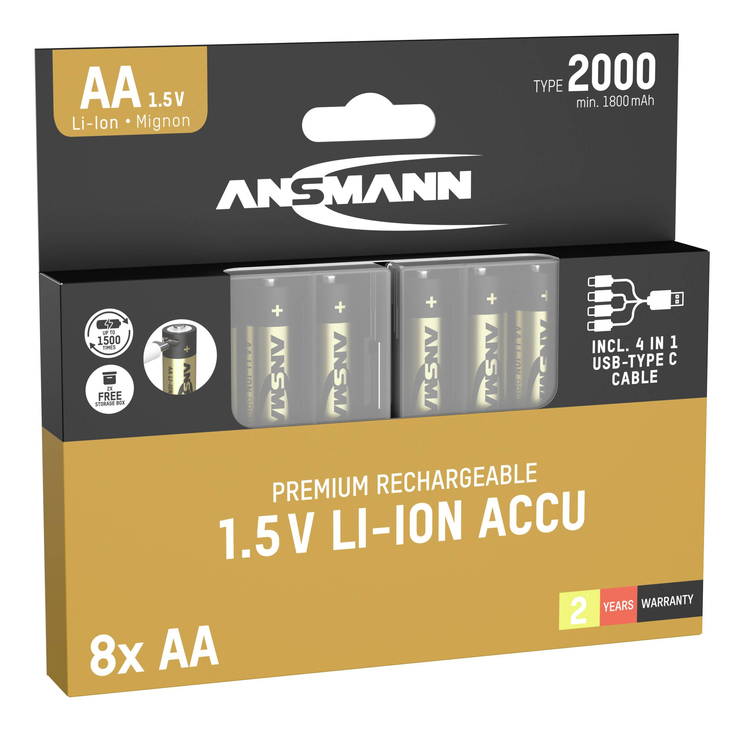 8x AA 1,5V Li-Ion batterie rechargeable, inclus câble USB-Type-C 4-en-1, 2 ans de garantie, qualité premium par Ansmann.
