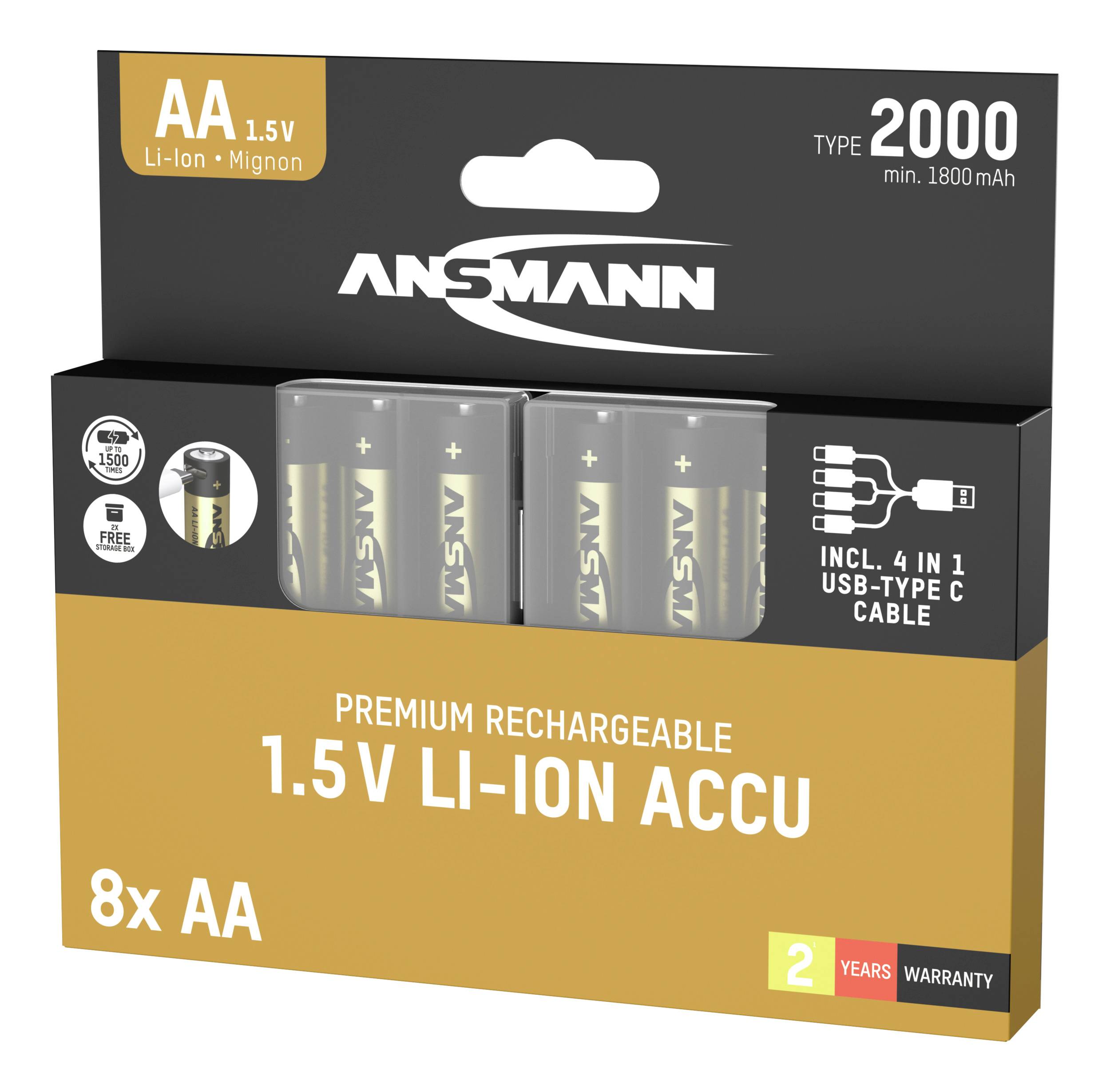 Emballage Ansmann : 8x AA 1,5V batterie Li-Ion rechargeable, avec câble USB-Type-C. 2000 cycles, 2 ans de garantie.