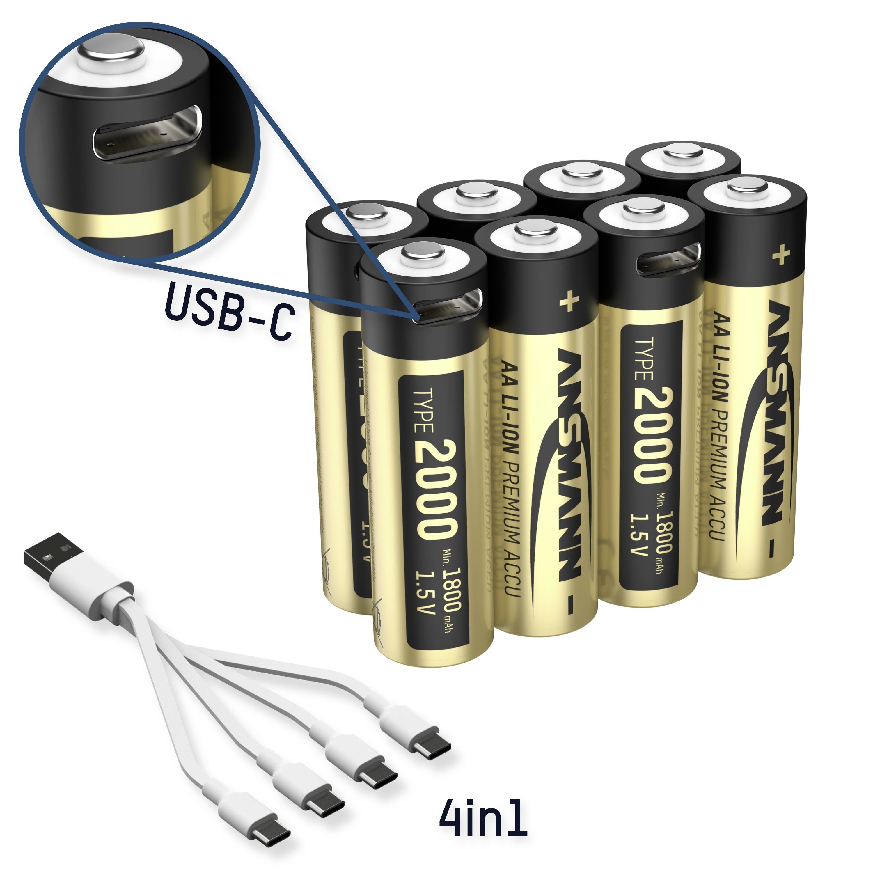 Un ensemble de dix piles AA. La pile du haut est équipée d'un port USB-C. En bas de l'image se trouve un câble de charge 4-en-1.