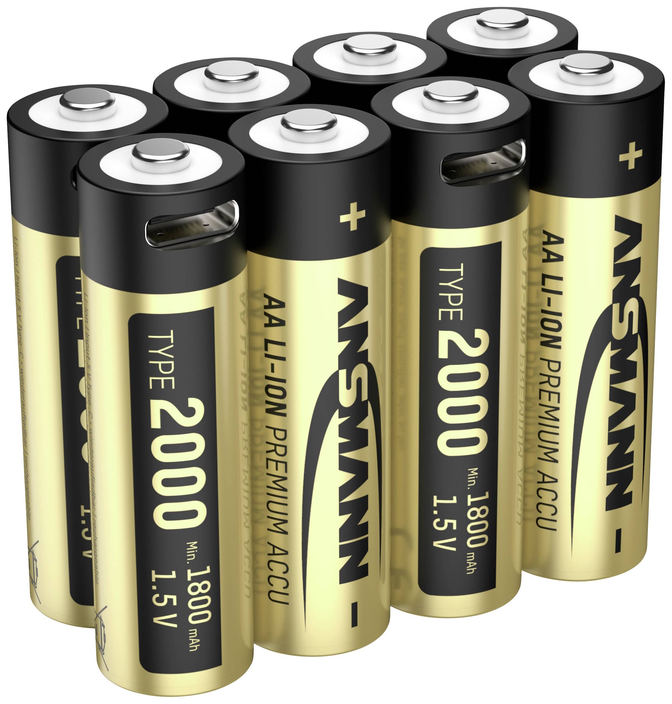 Huit piles AA dorées portant l'inscription « Type 2000 », « AA Li-Ion Premium Accu », « 1,5V ». Elles sont disposées en deux rangées.