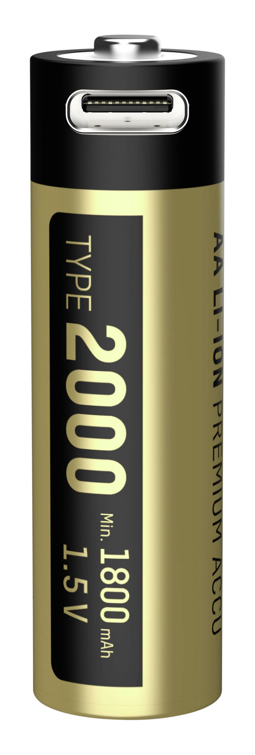 Illustration d'une pile AA Li-Ion avec port USB-C. Inscription : « TYPE 2000, Min. 1800mAh, 1.5V ».