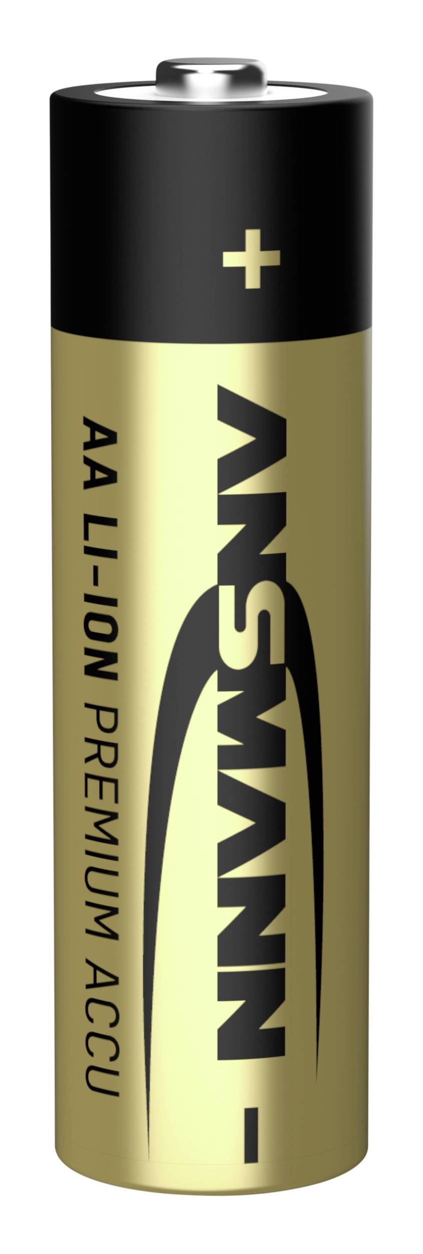 Une batterie lithium-ion AA avec un pôle positif noir et un corps de couleur or. Marque 'Ansmann' imprimée sur le côté.