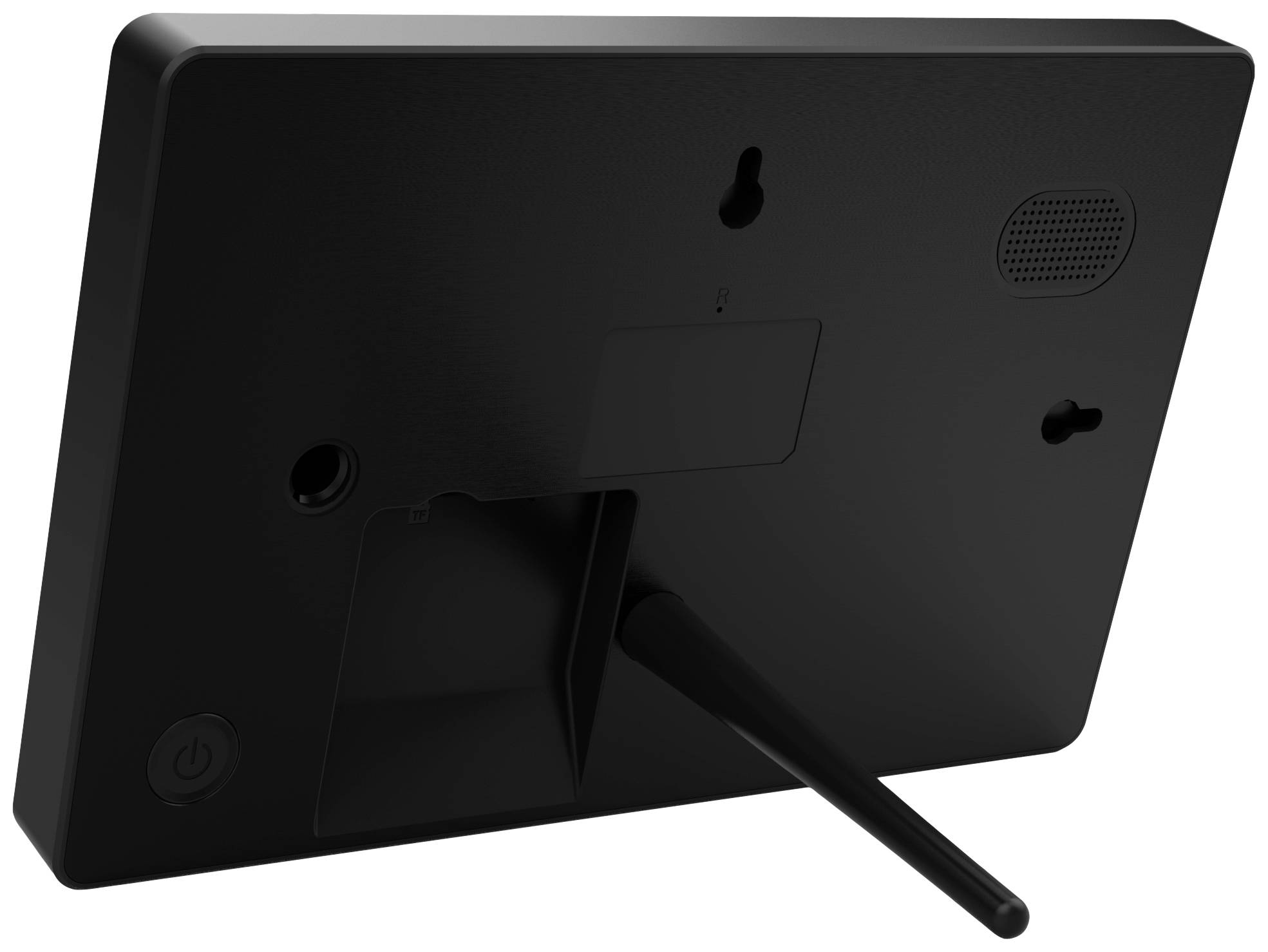 Un appareil électronique noir avec une antenne déployée, montrant le dos, adapté pour être installé au mur.