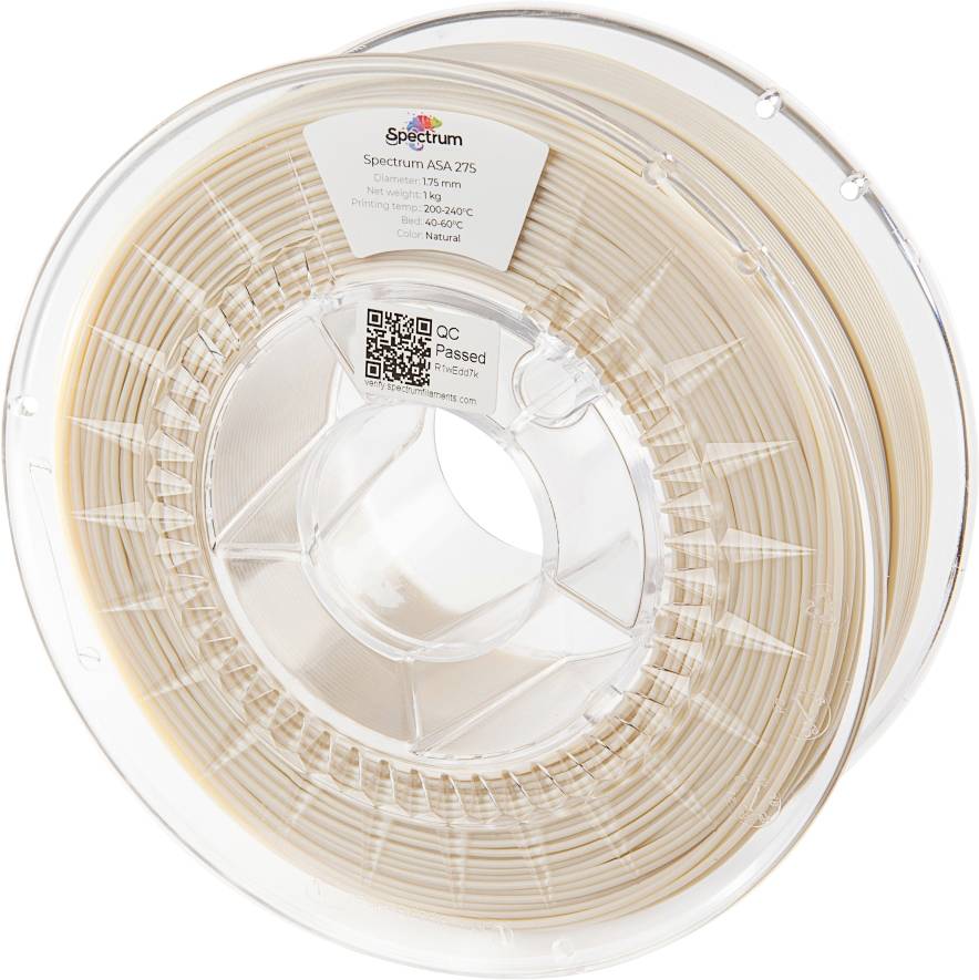 Une bobine de filament transparente avec un enroulement beige, étiquetée Spectrum ASA 275. Testée et recommandée pour 260-280°C.