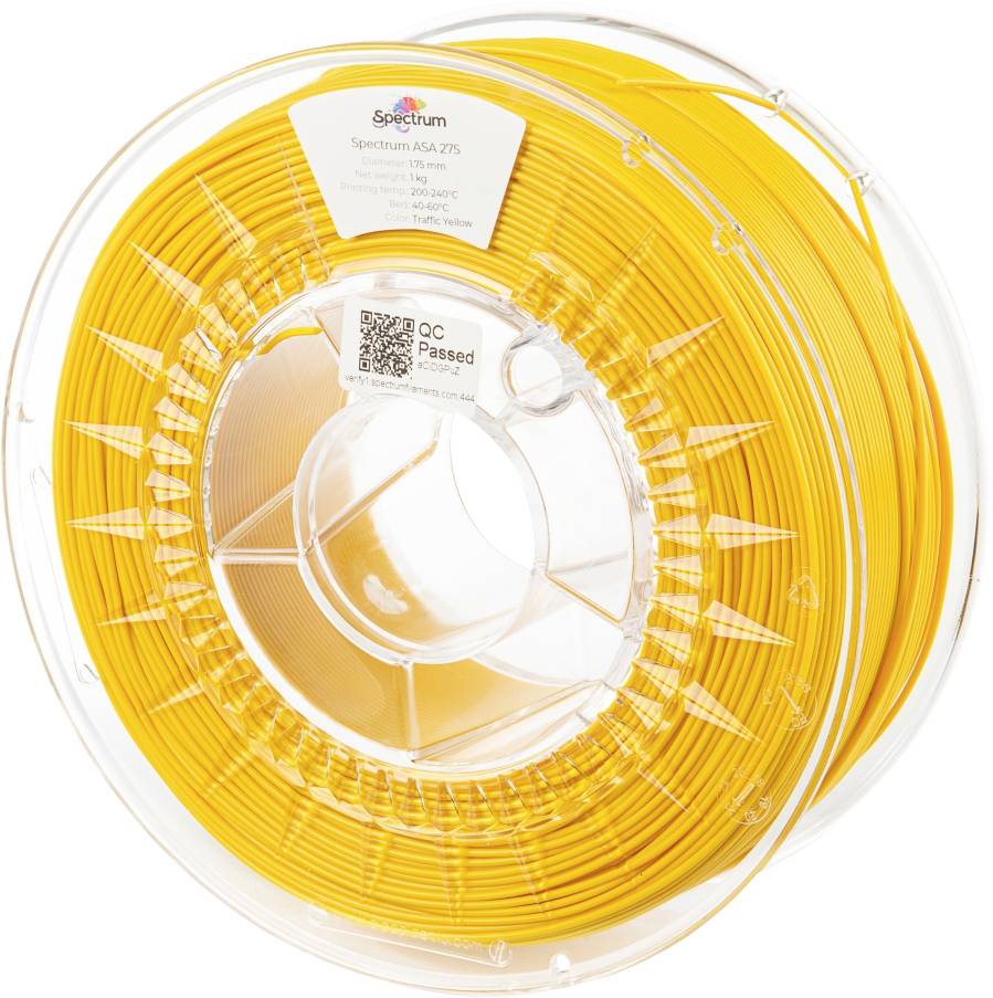 Bobine de filament d'impression 3D jaune en plastique ASA, diamètre de 1,75 mm, sur une bobine transparente avec une étiquette et un code QR.