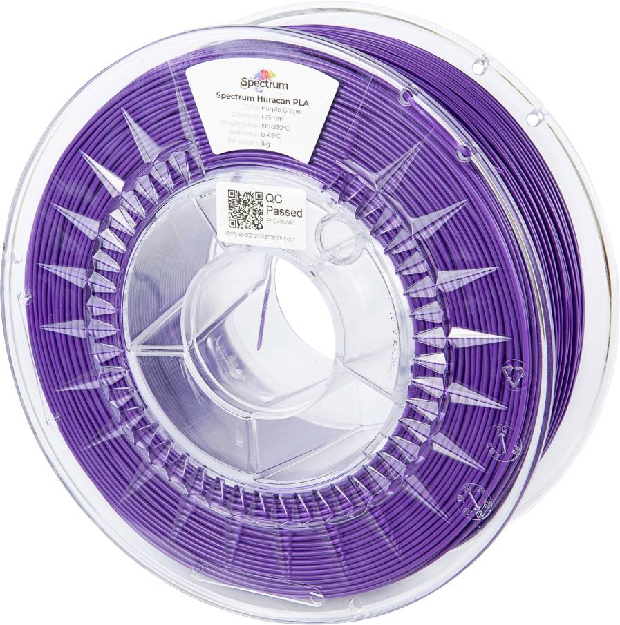 Bobine de filament PLA violet de Spectrum pour imprimantes 3D, avec étiquette 'Spectrum PLA' et sceau de contrôle qualité, sur support en plastique transparent.