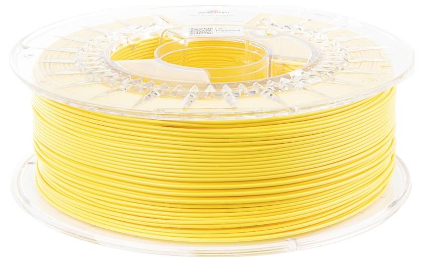 Rouleau de filament jaune pour imprimante 3D, proprement enroulé sur un noyau de bobine en plastique transparent, prêt à l'emploi.